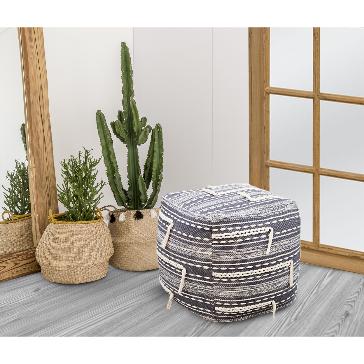Iconic Home Spearman Ottoman Woven Cotton Upholstered Two-Tone Striped Pattern With Tassels Square Pouf - Grey