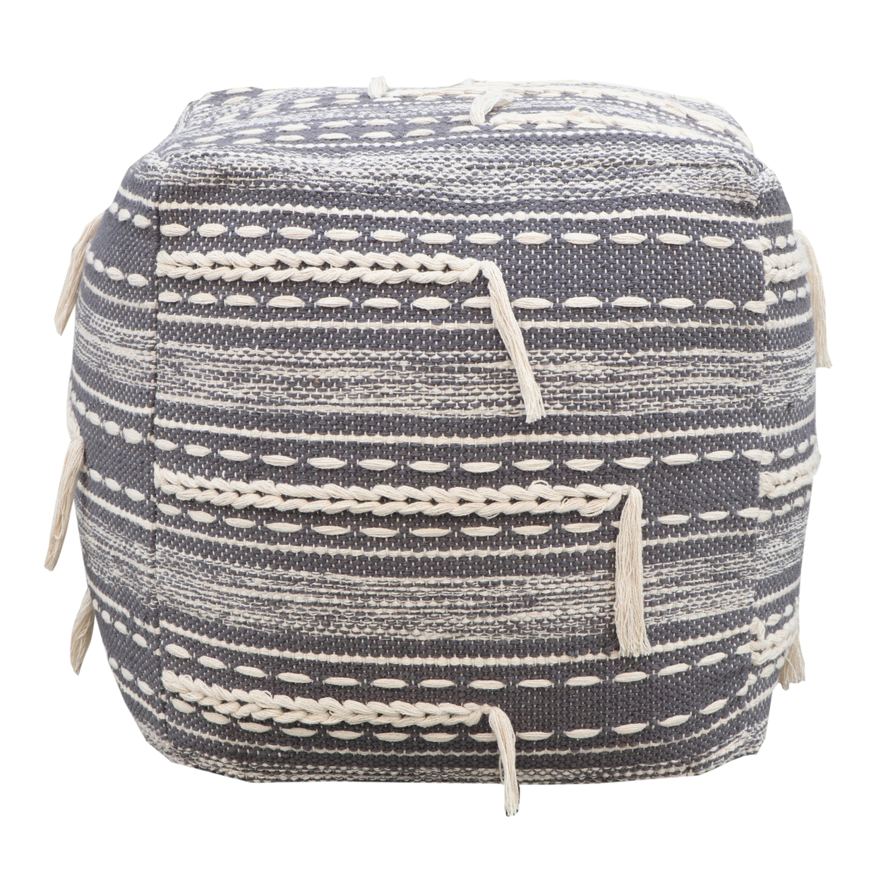 Iconic Home Spearman Ottoman Woven Cotton Upholstered Two-Tone Striped Pattern With Tassels Square Pouf - Black