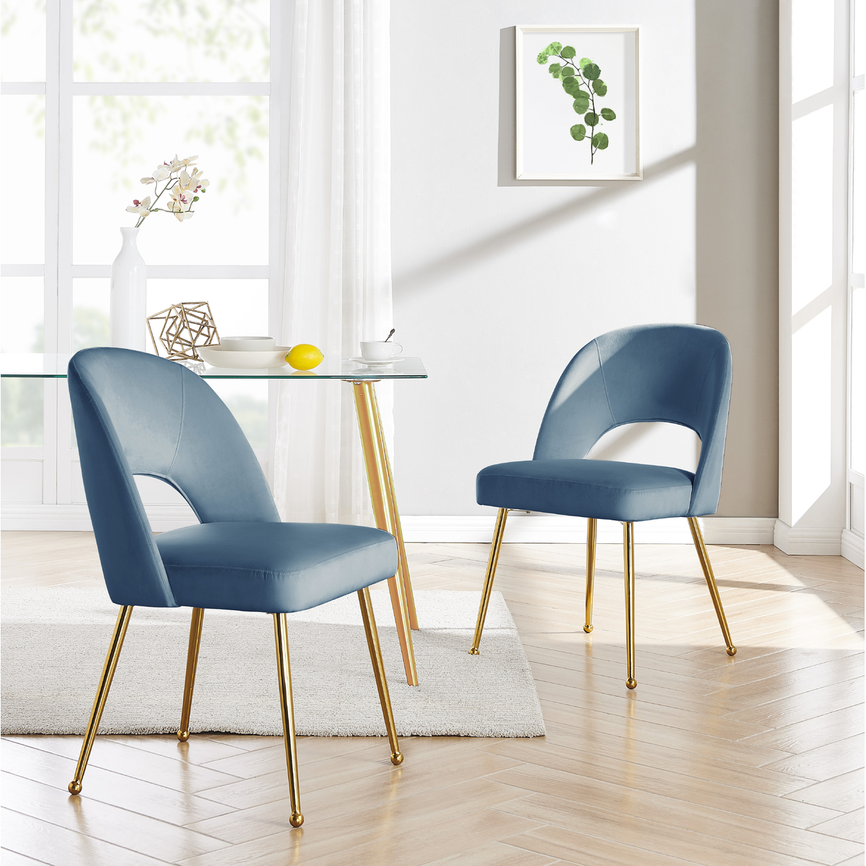 Iconic Home Wilbourn Dining Side Chair Velvet Upholstered Open Back Design Gold Plated Solid Metal Legs (Set Of 2) - Blue