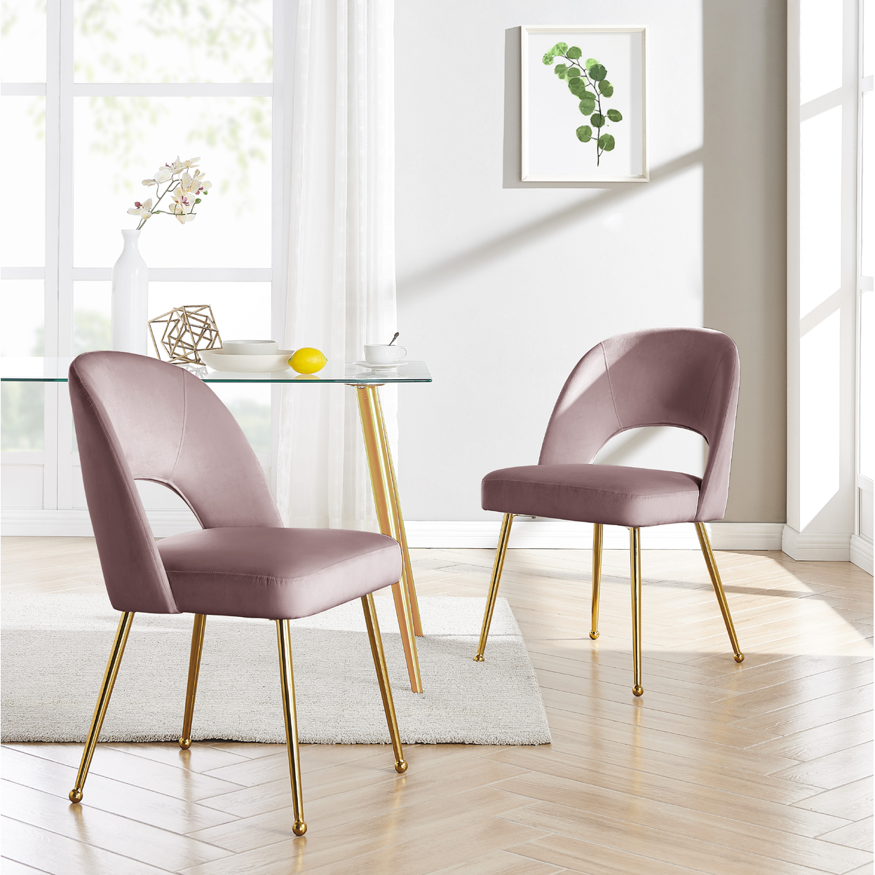 Iconic Home Wilbourn Dining Side Chair Velvet Upholstered Open Back Design Gold Plated Solid Metal Legs (Set Of 2) - Blush