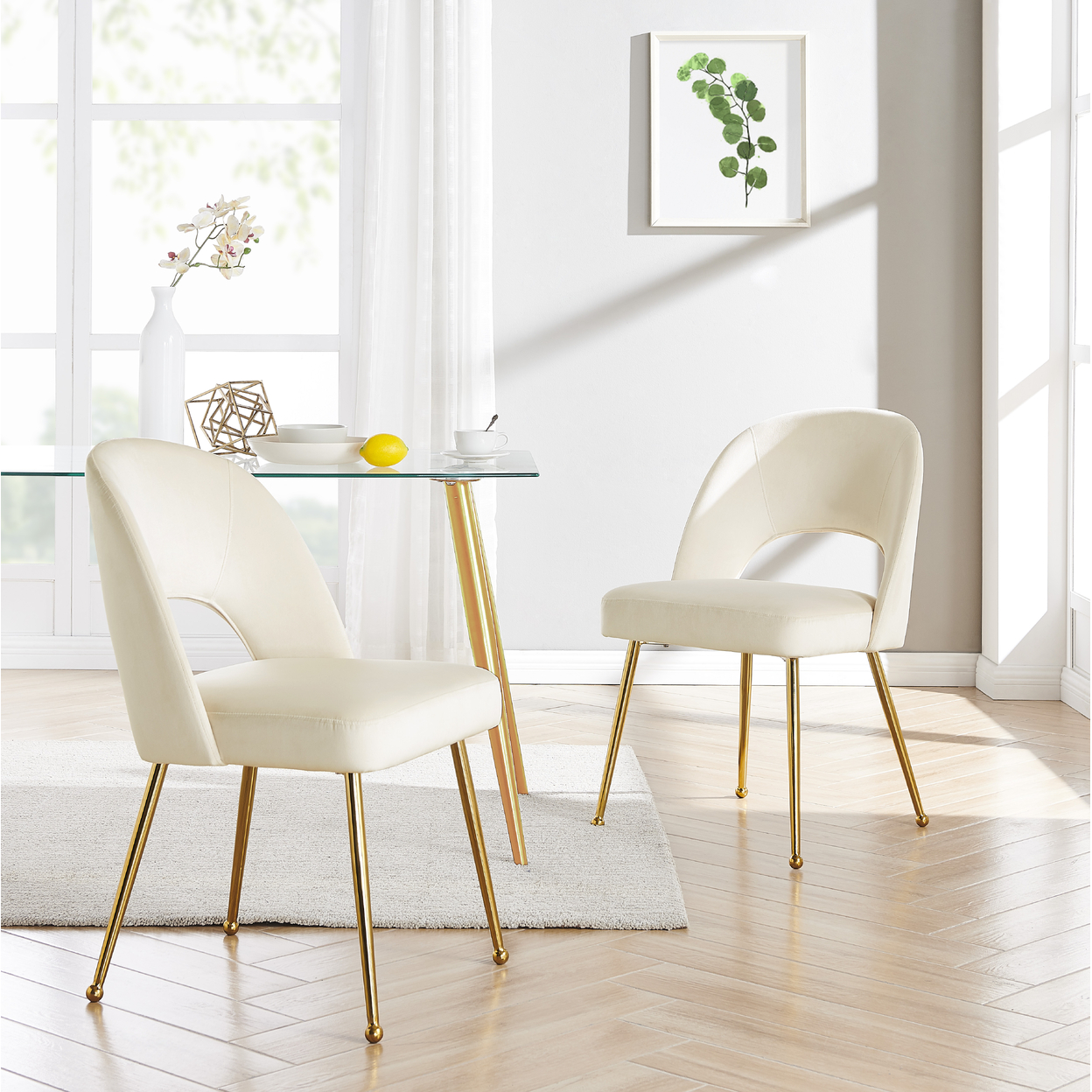Iconic Home Wilbourn Dining Side Chair Velvet Upholstered Open Back Design Gold Plated Solid Metal Legs (Set Of 2) - Beige