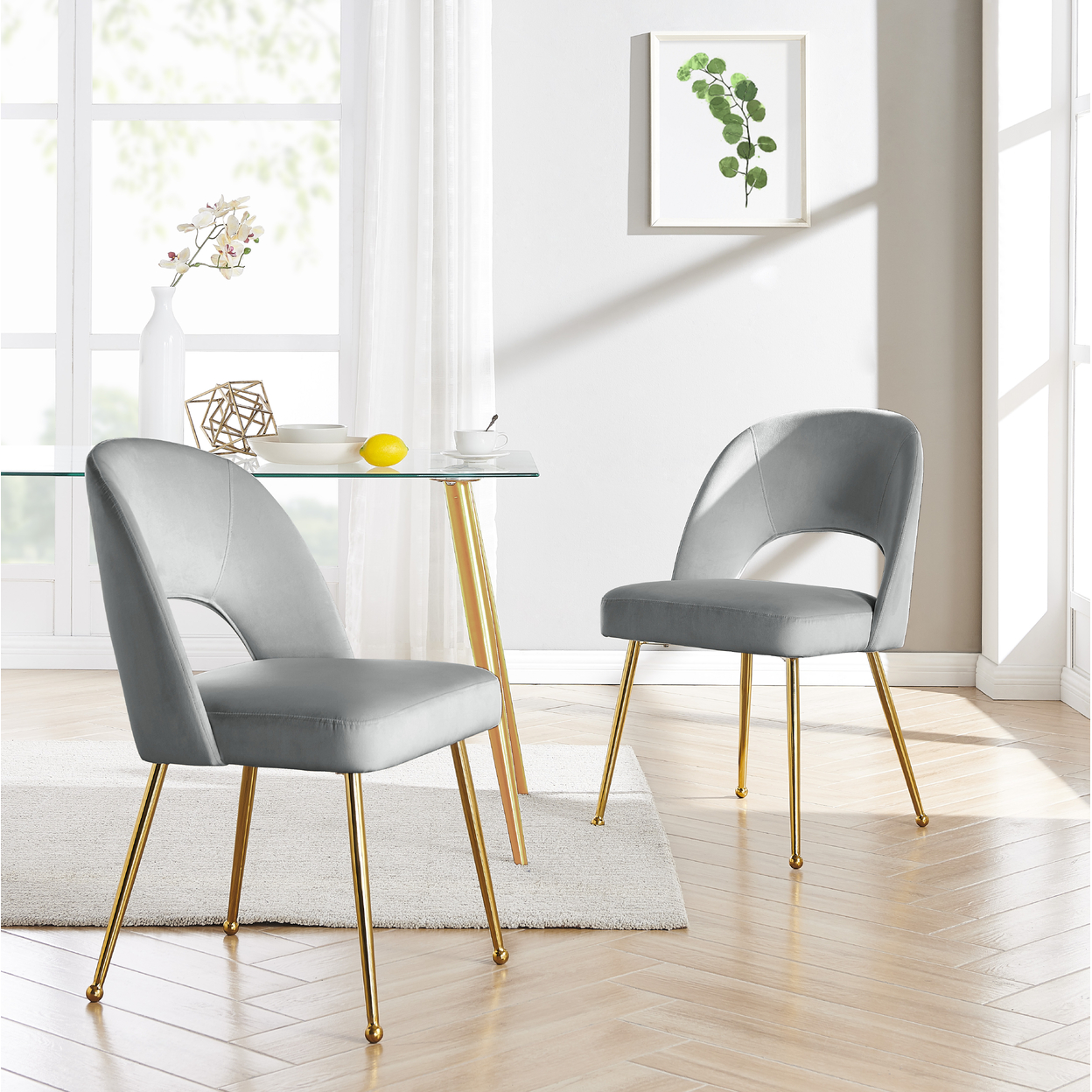 Iconic Home Wilbourn Dining Side Chair Velvet Upholstered Open Back Design Gold Plated Solid Metal Legs (Set Of 2) - Grey