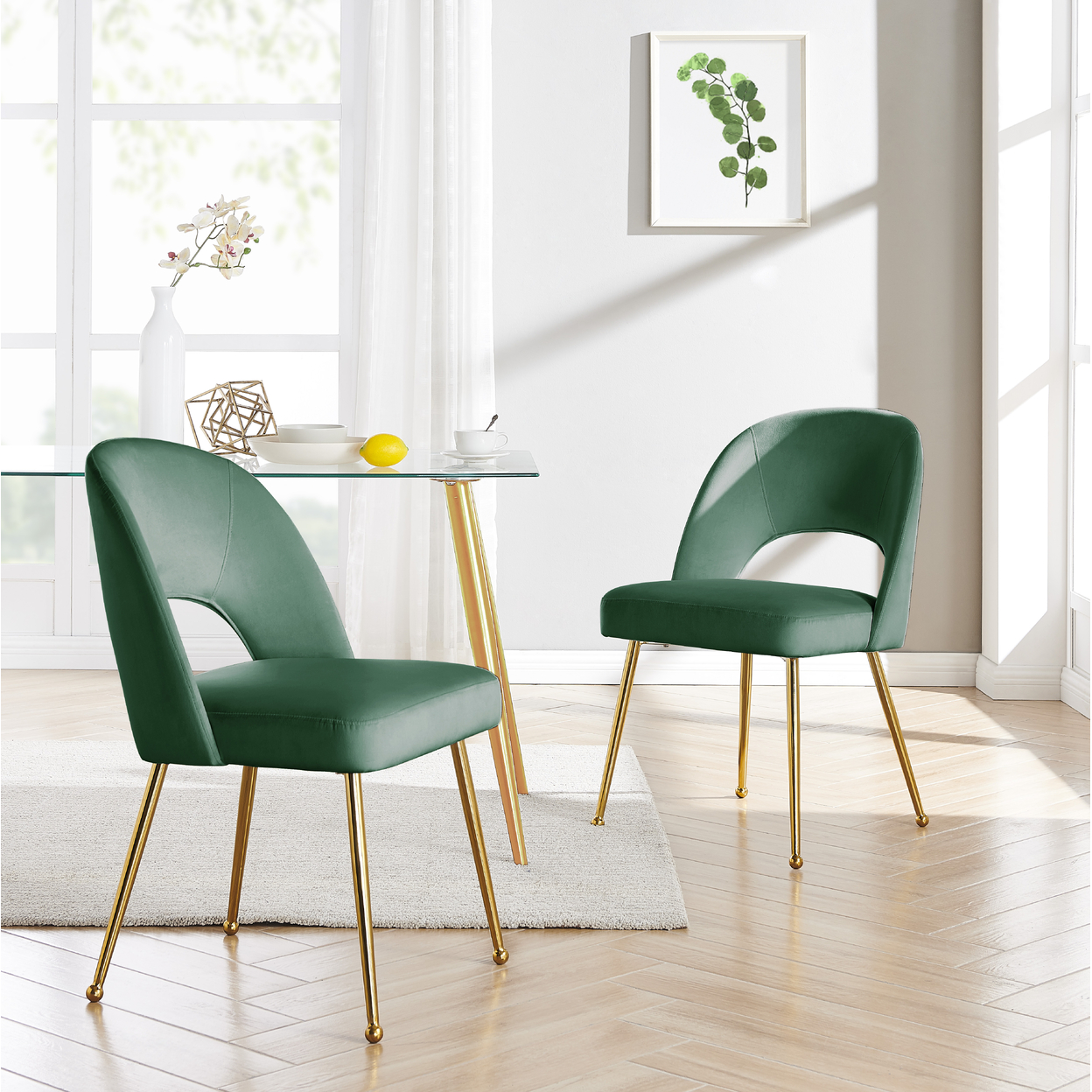 Iconic Home Wilbourn Dining Side Chair Velvet Upholstered Open Back Design Gold Plated Solid Metal Legs (Set Of 2) - Green