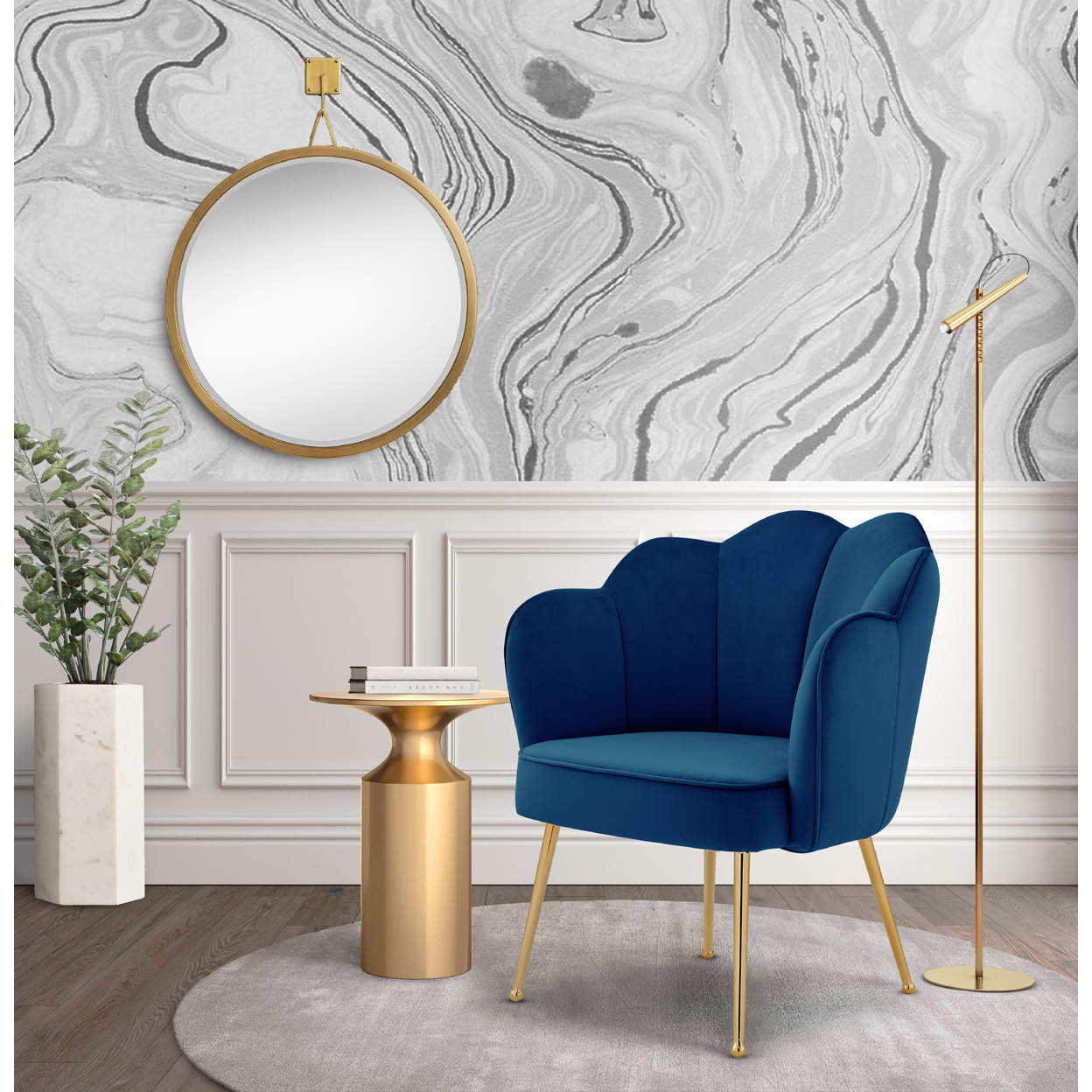 Iconic Home Mia Belle Dining Side Chair Velvet Upholstery Scalloped Clamshell Back Gold Plated Solid Metal Legs (1 Piece) - Navy
