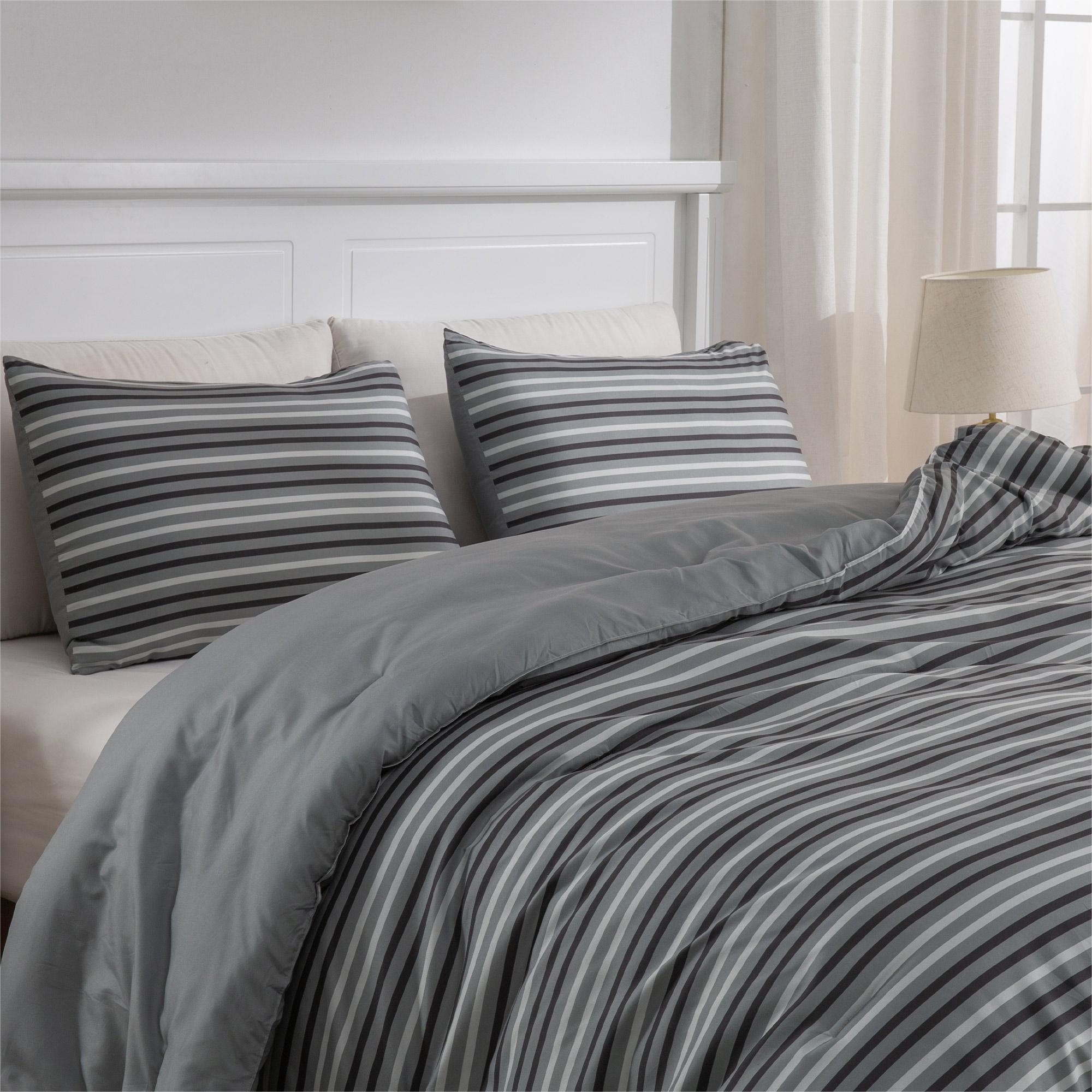 Ultra Soft Reversible Printed Stripe Microfiber Comforter Set - All-Season Warmth, Dark Grey - Full/Queen