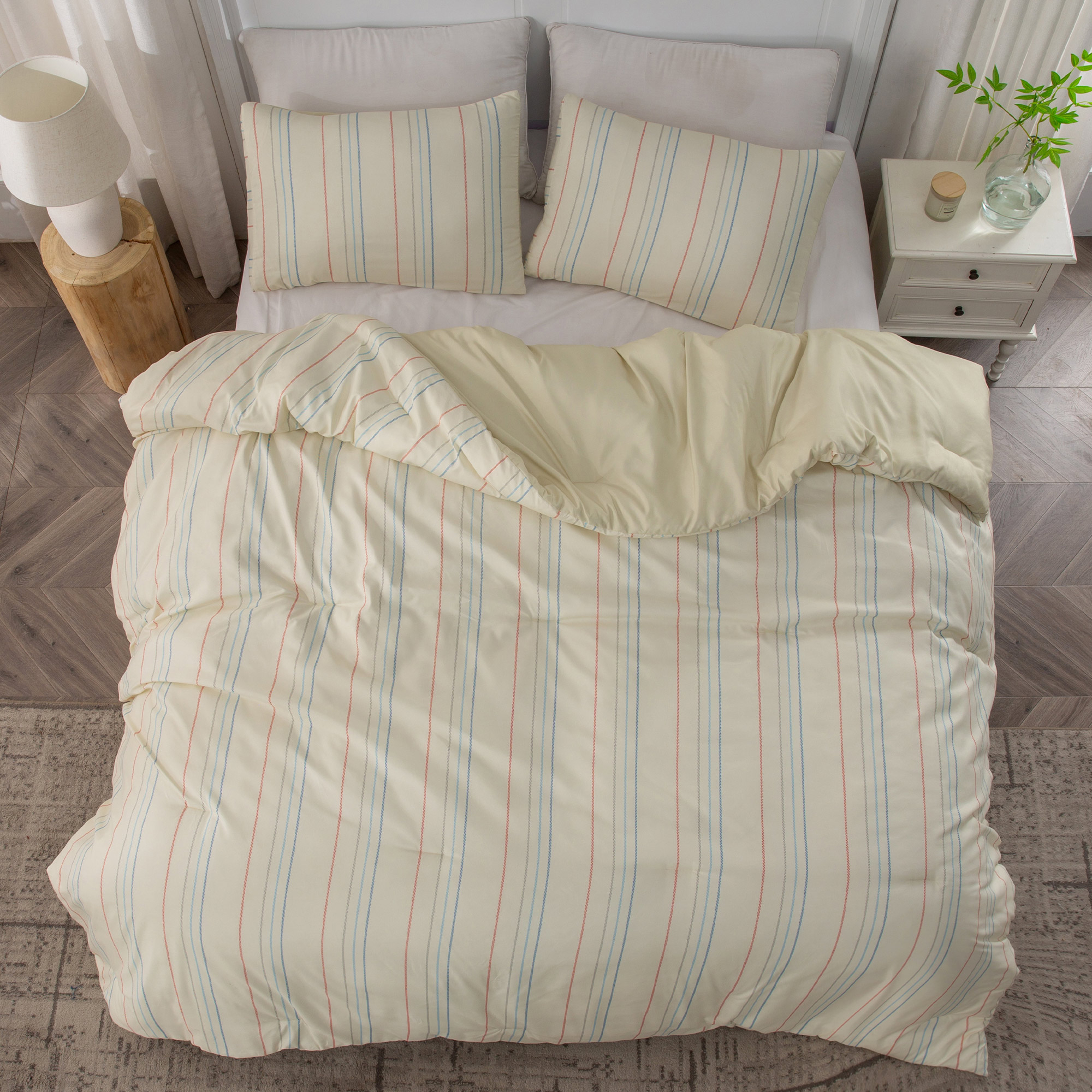Ultra Soft Reversible Printed Stripe Microfiber Comforter Set - All-Season Warmth, Cream - Full/Queen