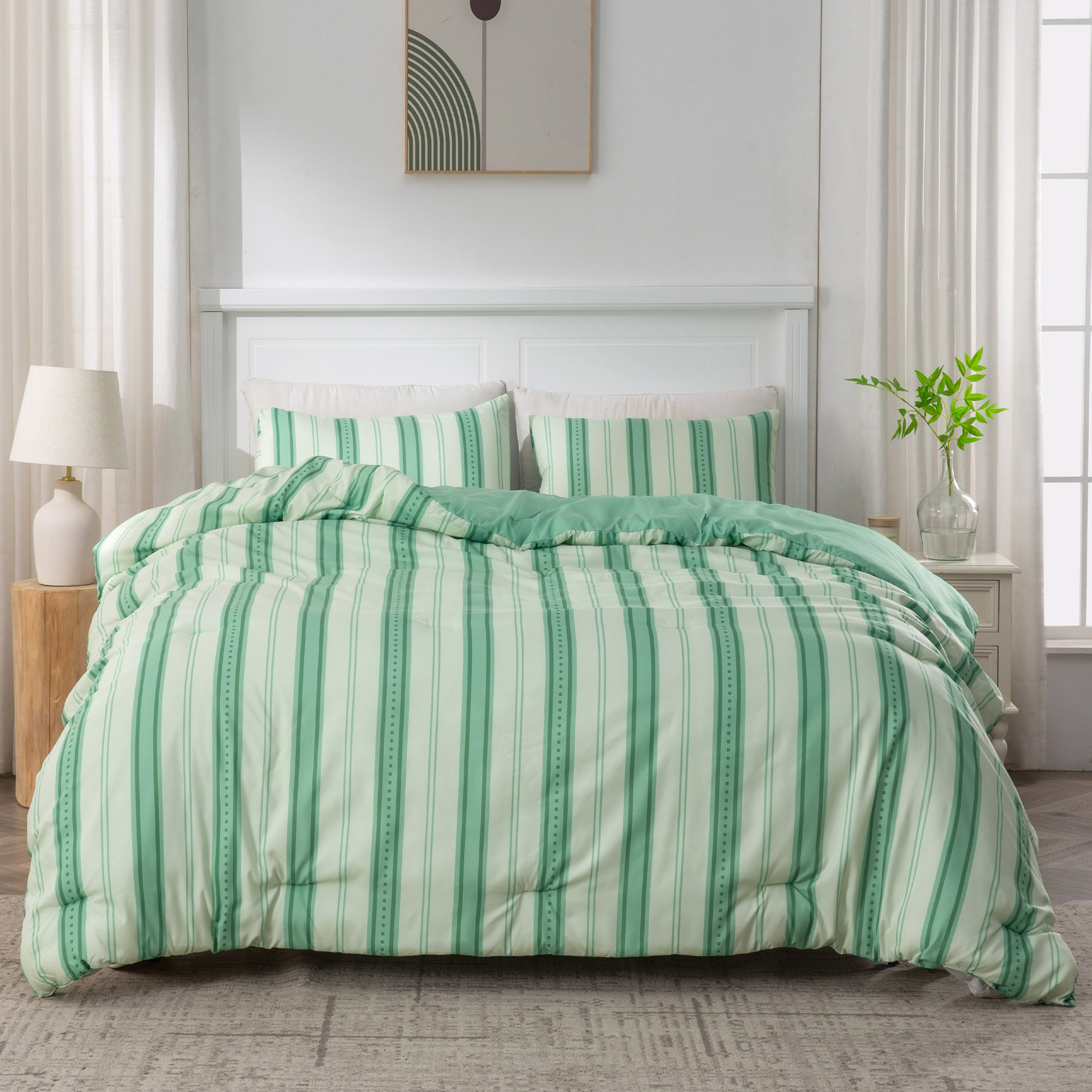 Ultra Soft Reversible Printed Stripe Microfiber Comforter Set - All-Season Warmth, Green - King