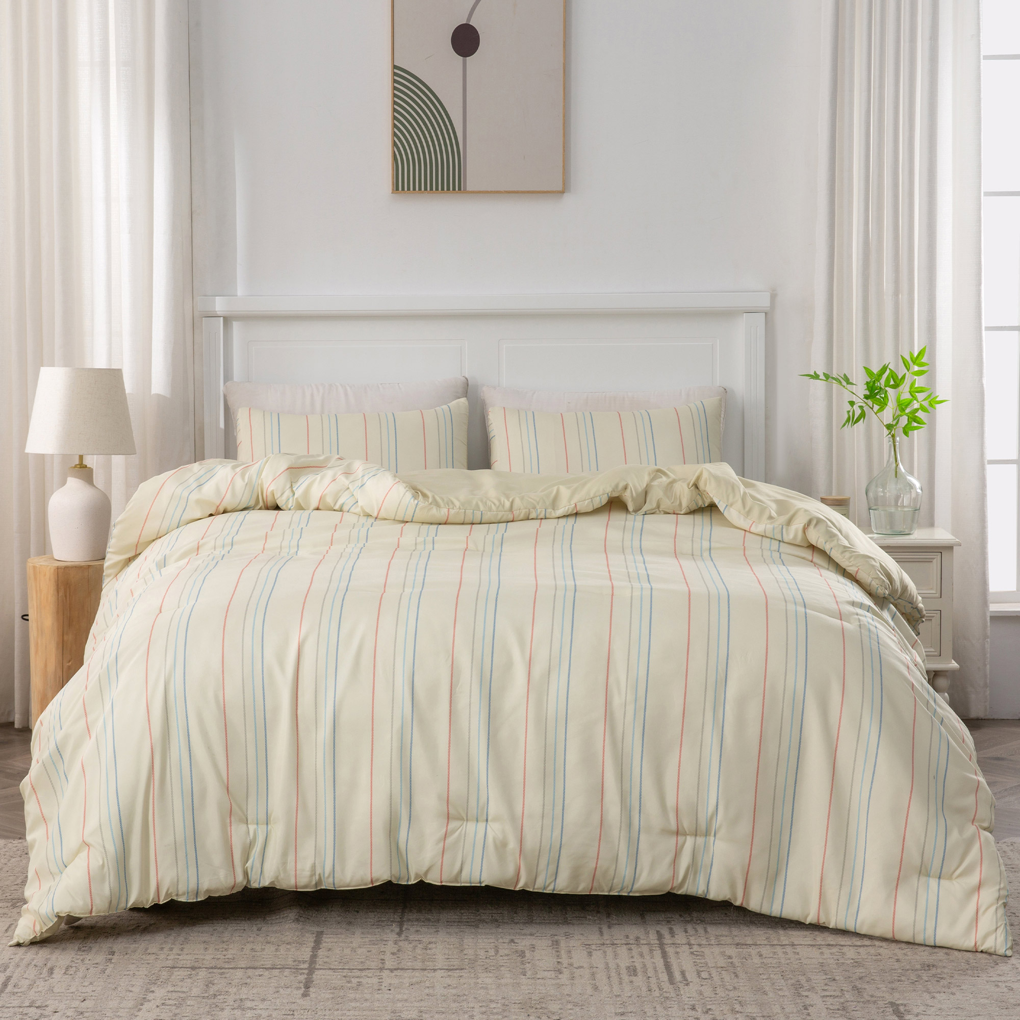 Ultra Soft Reversible Printed Stripe Microfiber Comforter Set - All-Season Warmth, Cream - King