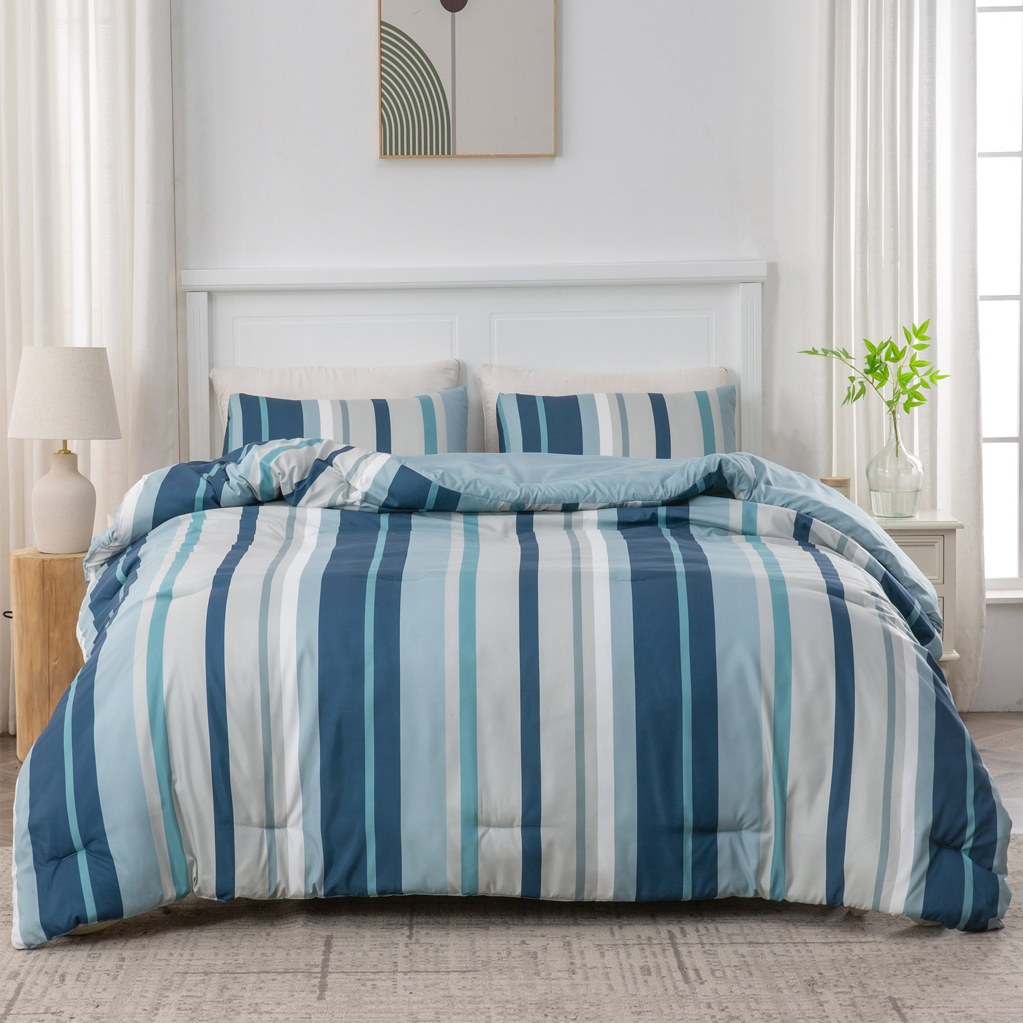 Printed Stripe Microfiber Comforter Set - All-Season Warmth, Blue - King