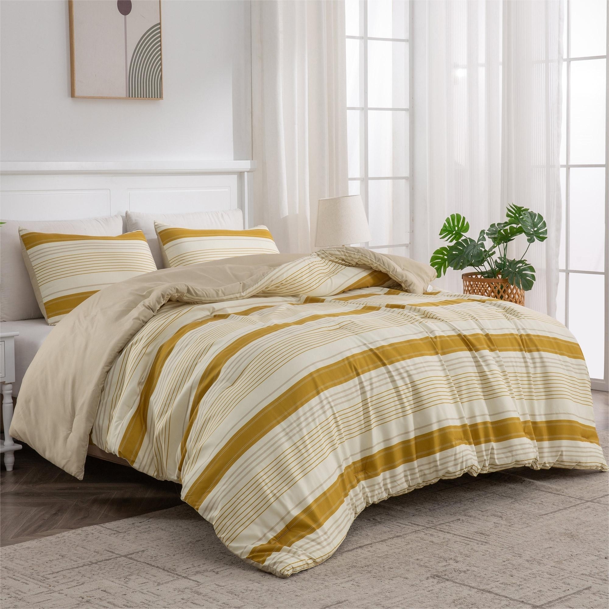 Printed Stripe Microfiber Comforter Set - All-Season Warmth, Yellow - Full/Queen