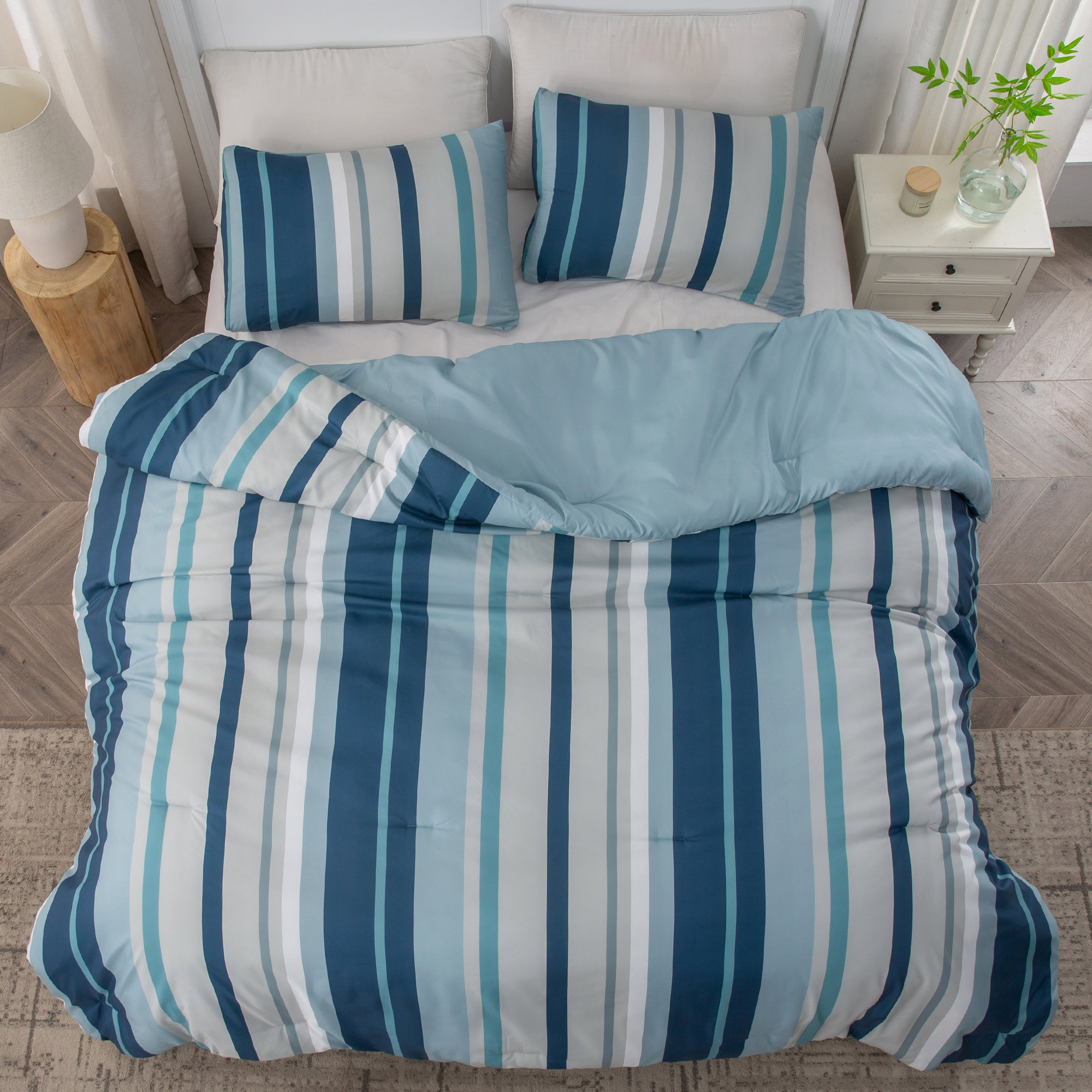 Printed Stripe Microfiber Comforter Set - All-Season Warmth, Blue - King