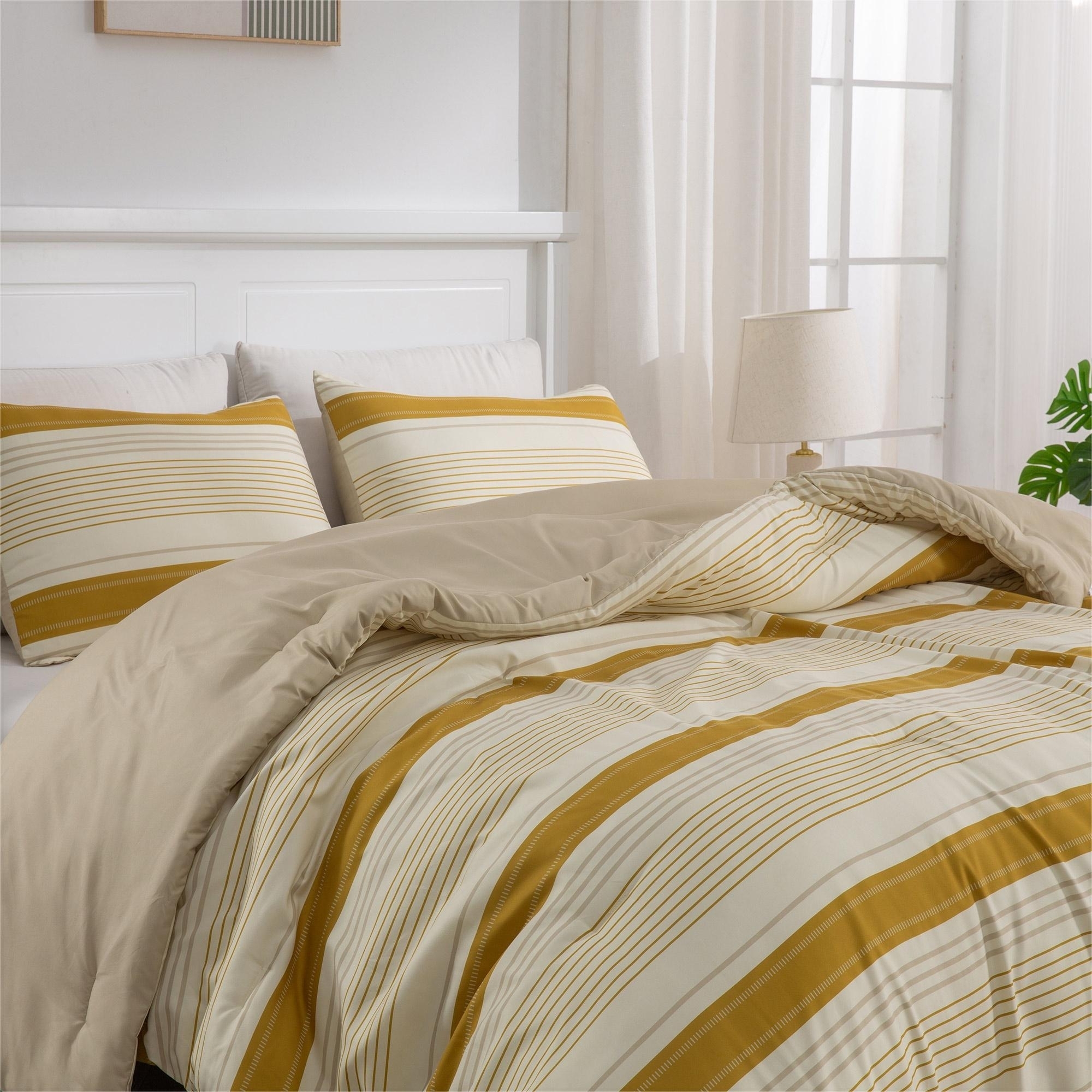Printed Stripe Microfiber Comforter Set - All-Season Warmth, Yellow - Full/Queen