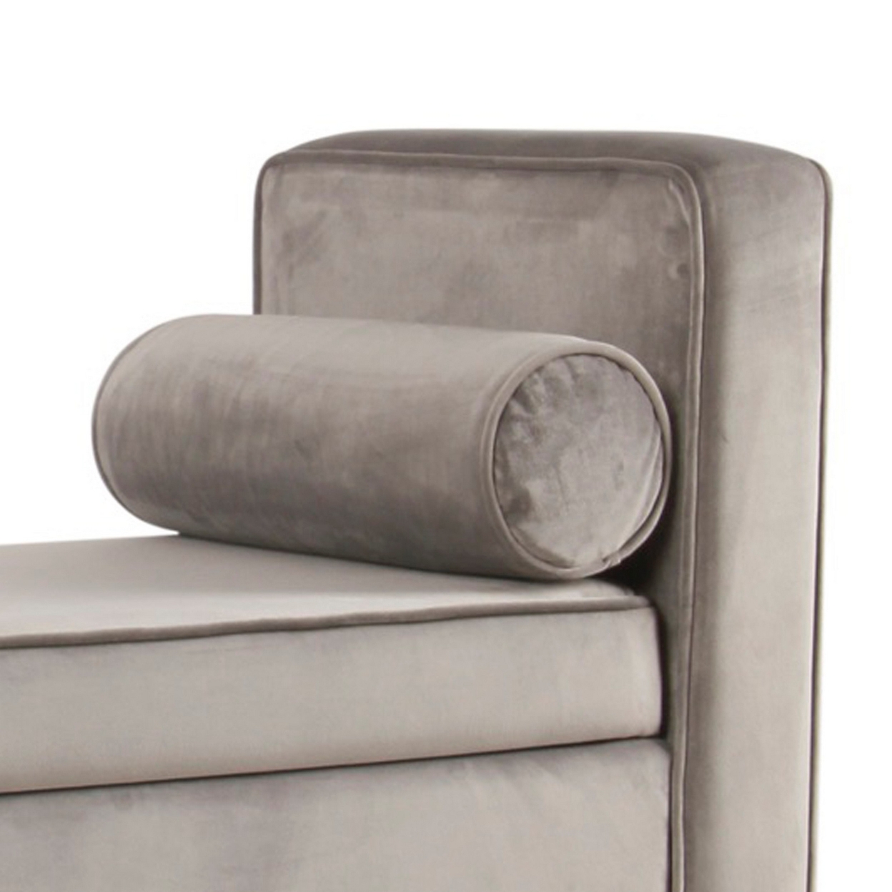 Velvet Upholstered Wooden Bench With Lift Top Storage And Two Bolster Pillows, Gray- Saltoro Sherpi