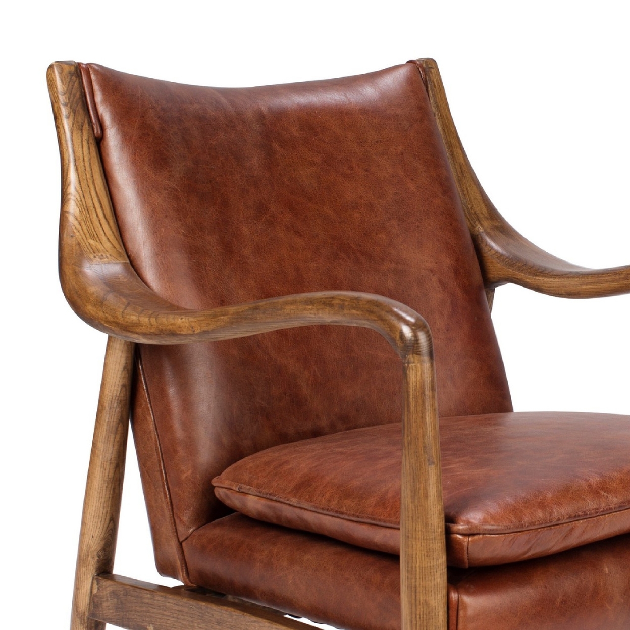 29 Inch Classic Wood Club Chair, Top Grain Leather Seat, Curved Arms, Brown- Saltoro Sherpi