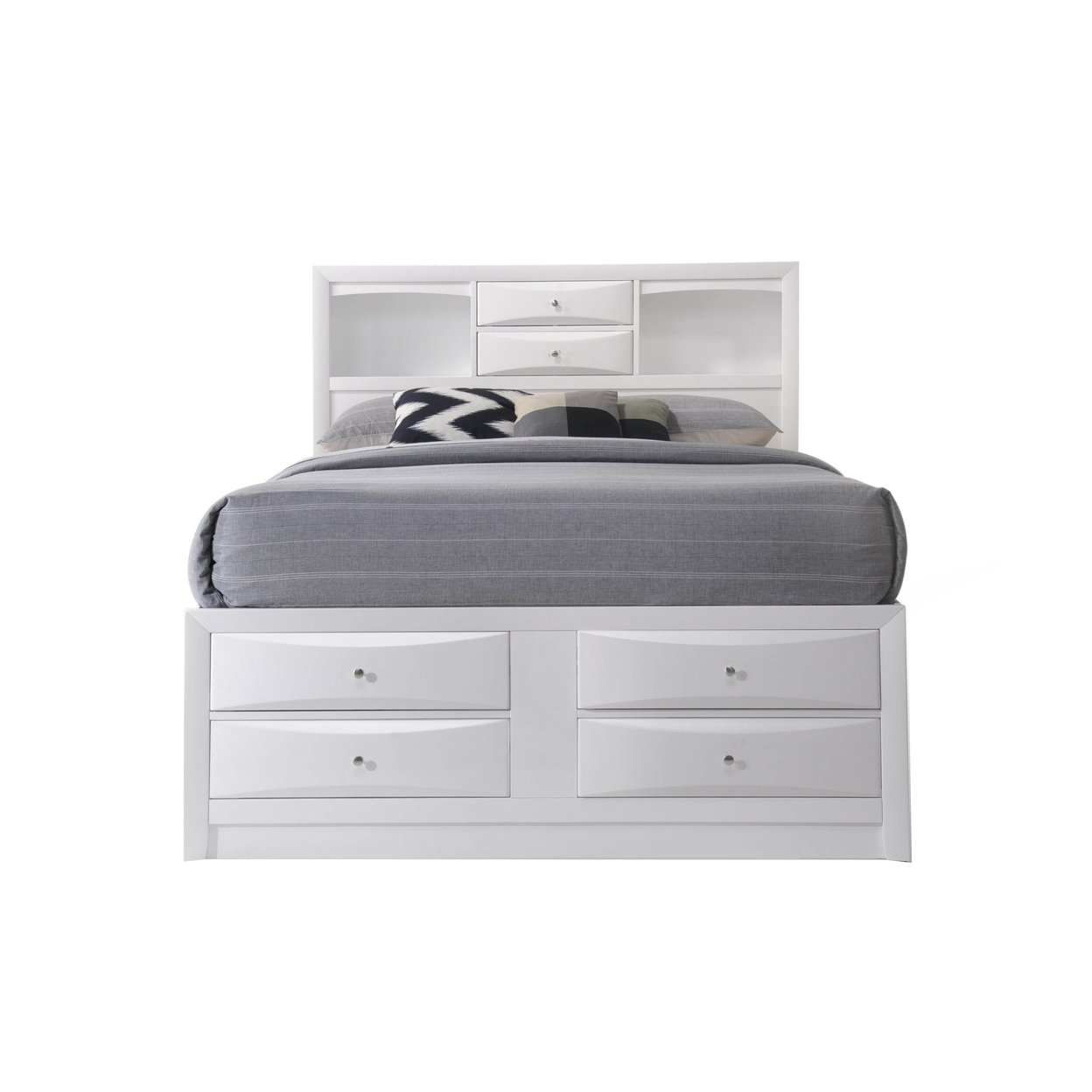 Eight Drawer Full Size Storage Bed With Bookcase Headboard, White- Saltoro Sherpi