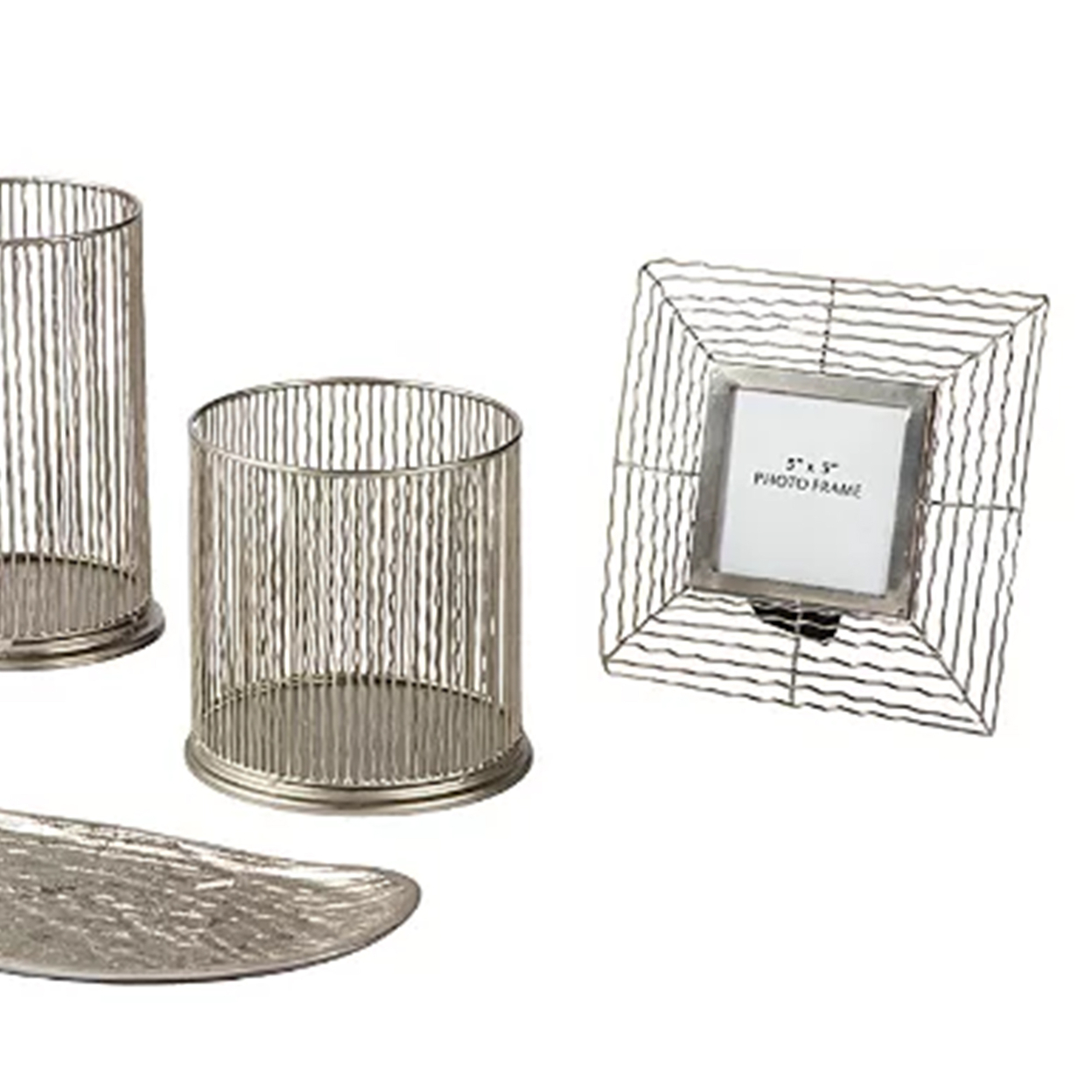 Industrial Style 5 Piece Metal Accessory Set With Grid Details, Silver- Saltoro Sherpi