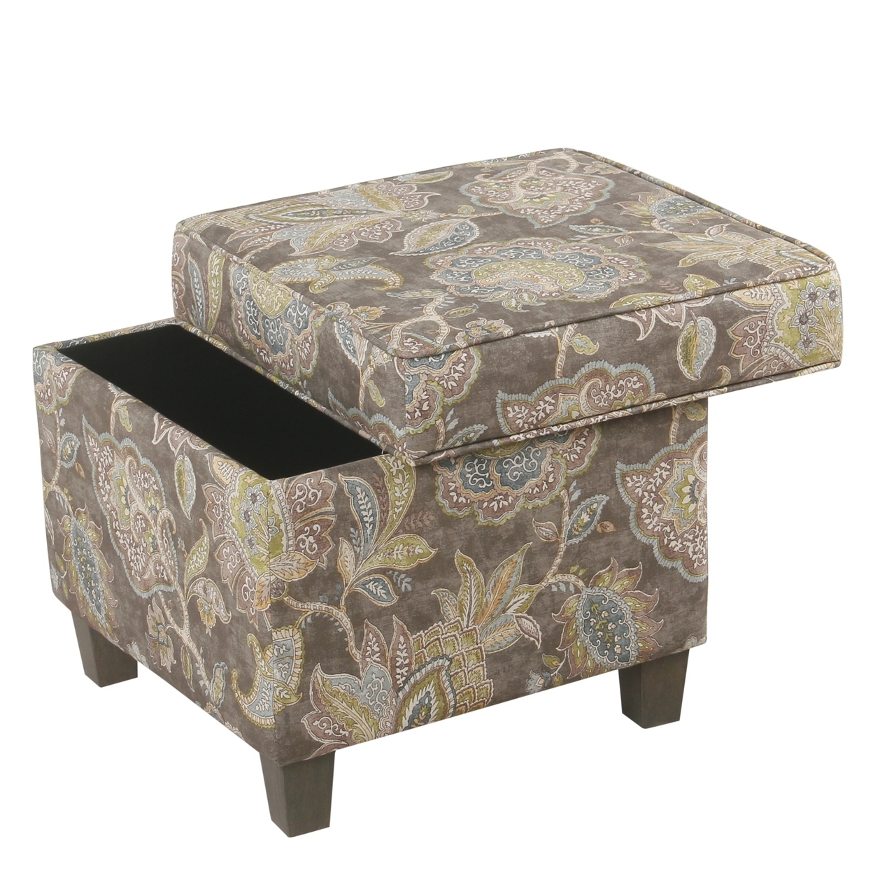 Floral Pattern Fabric Upholstered Wooden Ottoman With Lift Off Top And Tapered Feet, Multicolor- Saltoro Sherpi