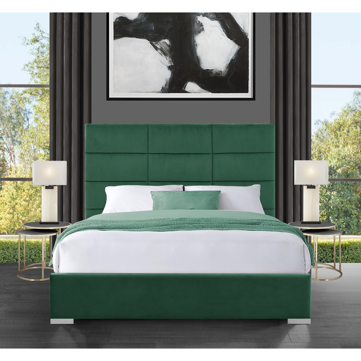 Iconic Home Durazzo Storage Platform Bed Frame With Headboard Velvet Upholstered Box Quilted, Modern Contemporary - Dark Green, King