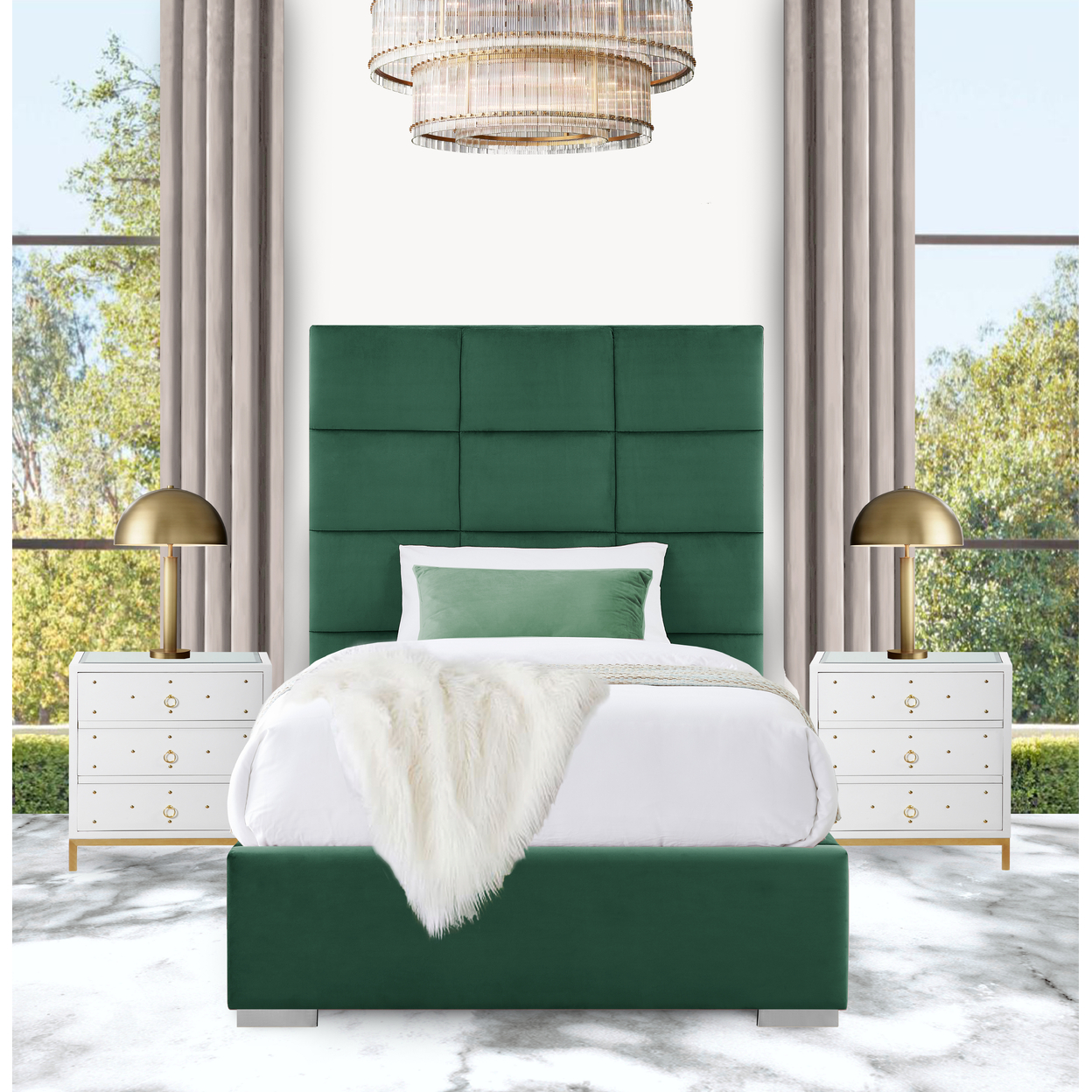 Iconic Home Durazzo Storage Platform Bed Frame With Headboard Velvet Upholstered Box Quilted, Modern Contemporary - Dark Green, Twin