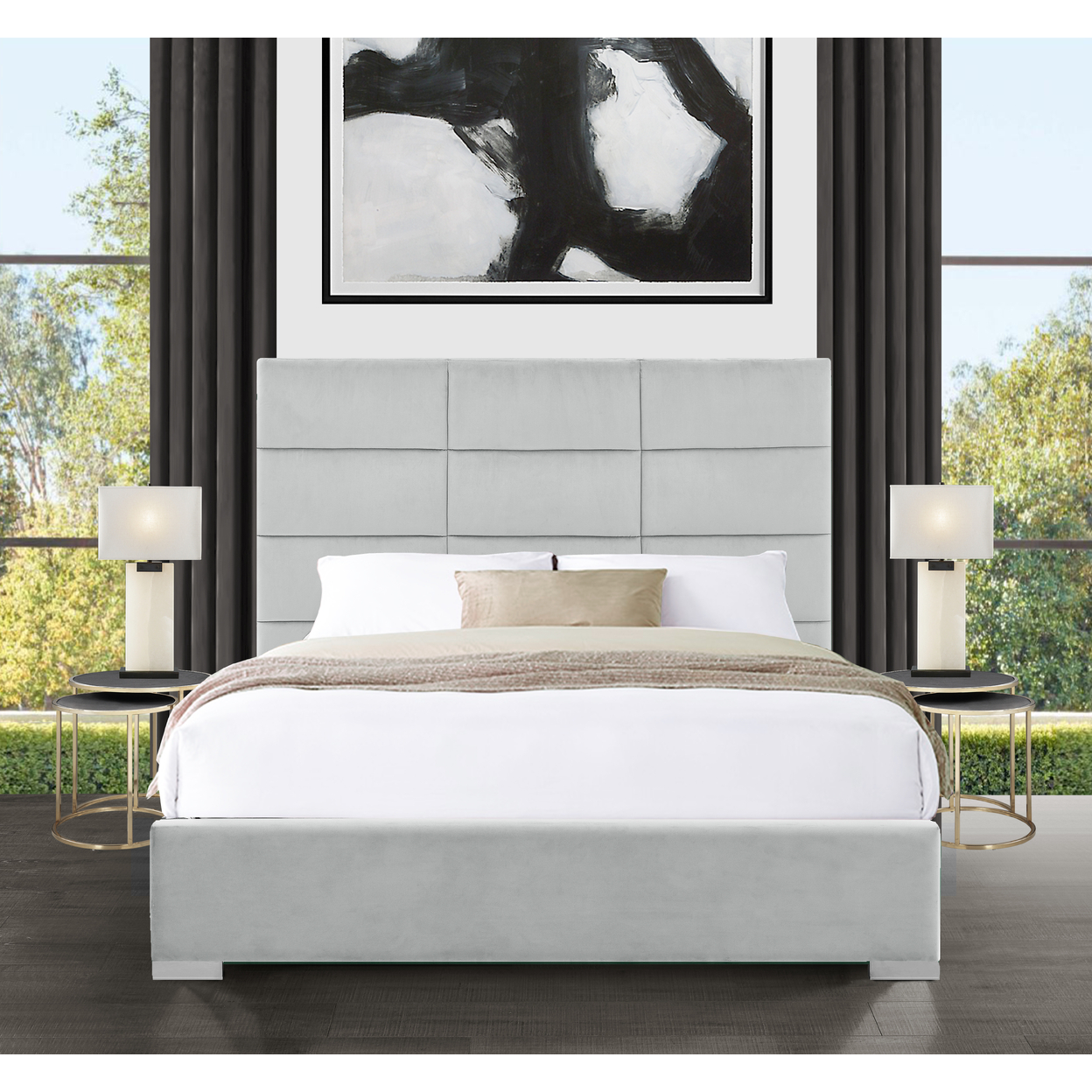 Iconic Home Durazzo Storage Platform Bed Frame With Headboard Velvet Upholstered Box Quilted, Modern Contemporary - Silver, King