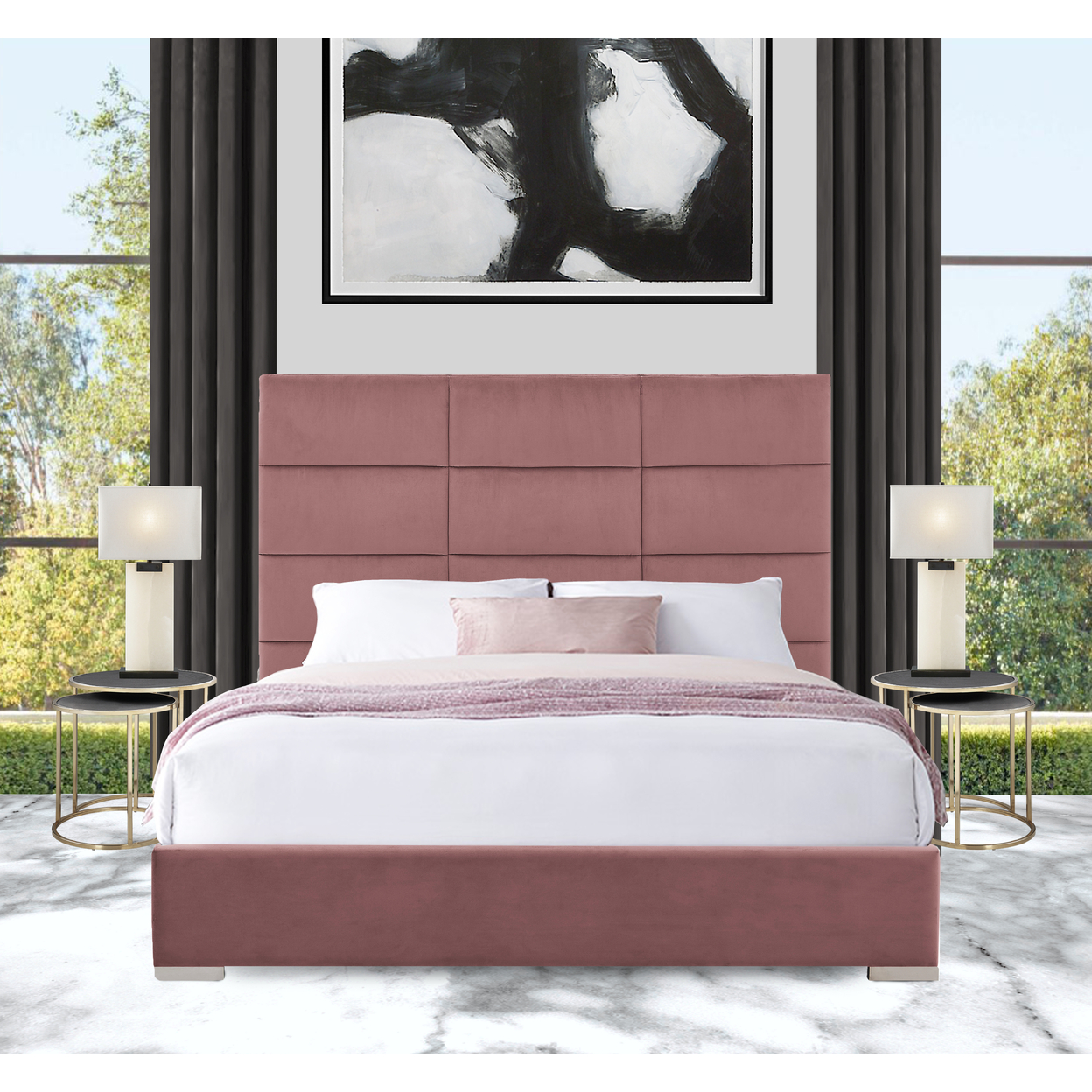 Iconic Home Durazzo Storage Platform Bed Frame With Headboard Velvet Upholstered Box Quilted, Modern Contemporary - Dark Blush, Queen