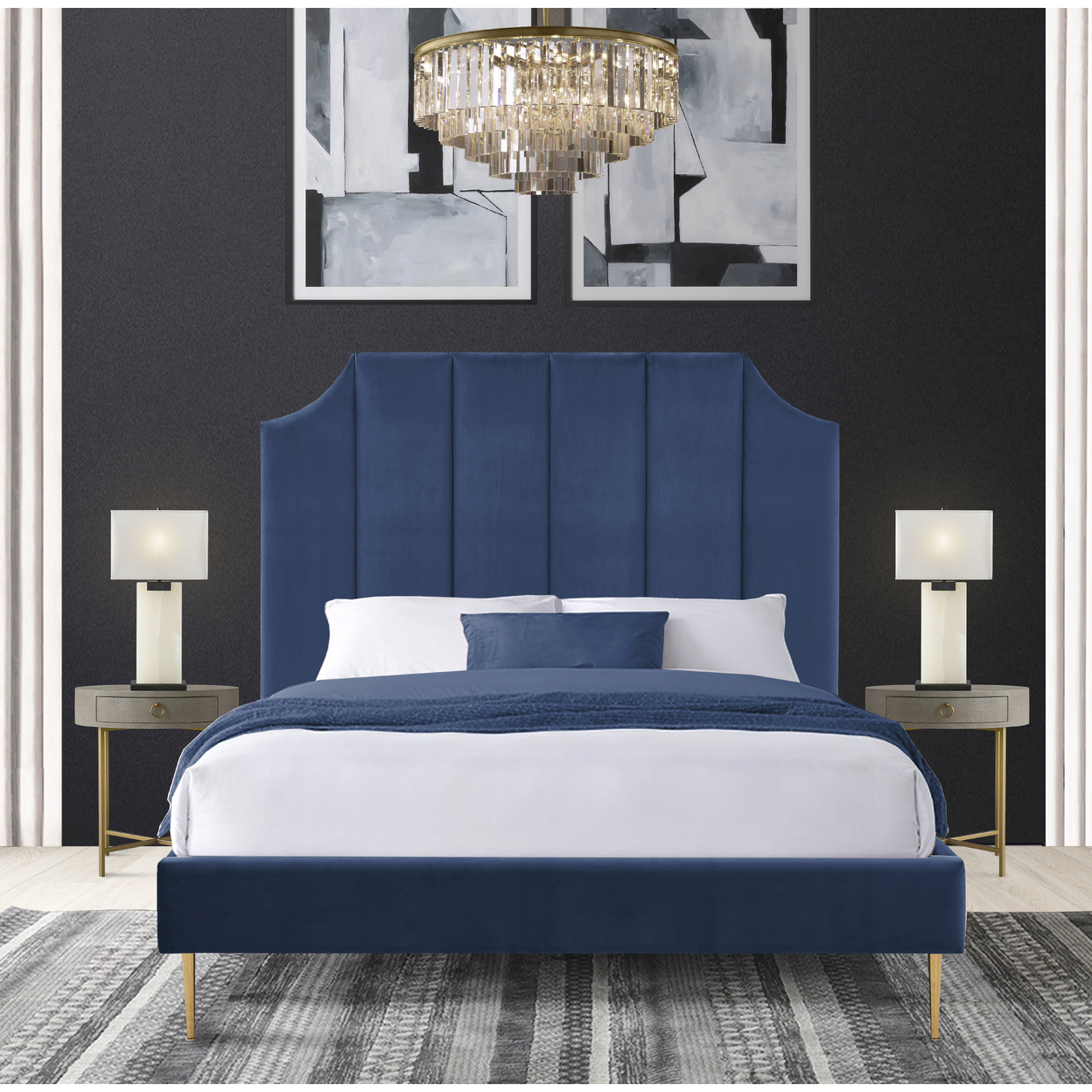 Iconic Home Evian Platform Bed Frame With Headboard Velvet Upholstered Vertical Channel Quilted, Modern Contemporary - Navy, King