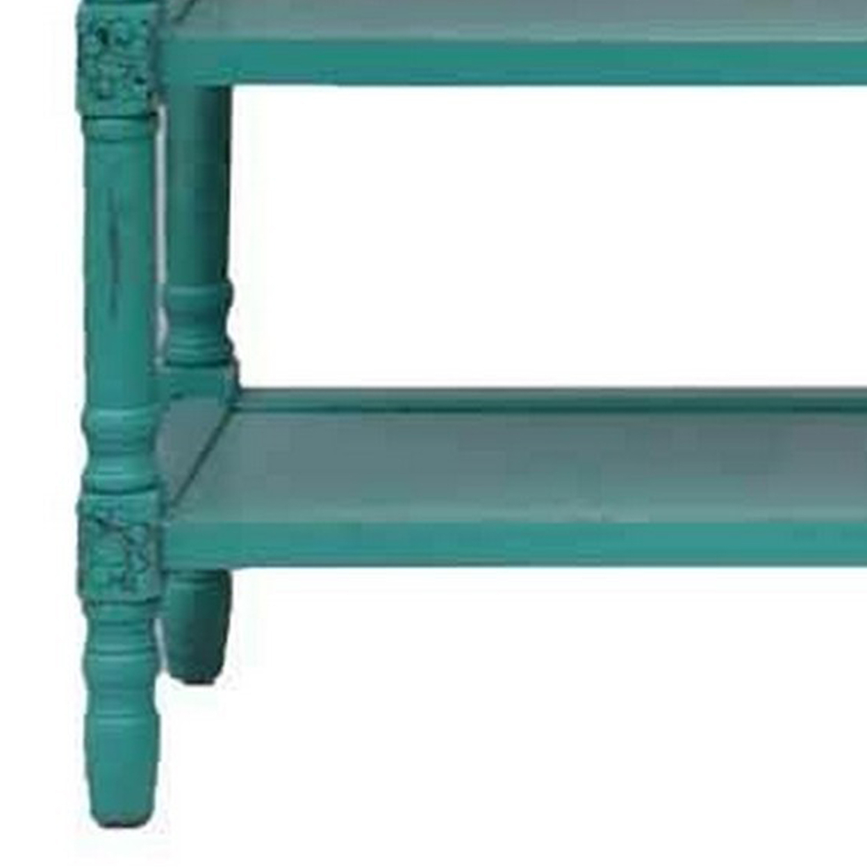 62 Inch Console Table, Brown Top, 2 Shelves, Hand Carved Flowers, Turquoise- Saltoro Sherpi