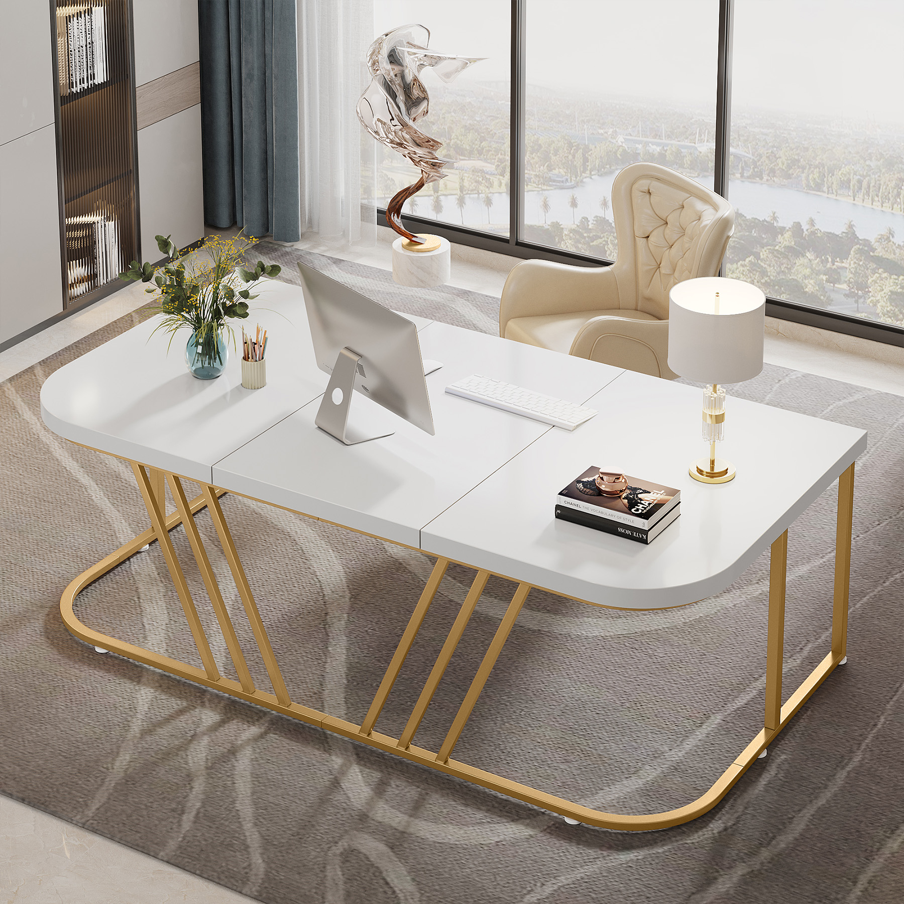 Tribesigns Modern Dining Table For 6-8 People, 70.8 Inches Long White Dining Room Table For Kitchen, Wood Kitchen Table With Gold Metal Legs