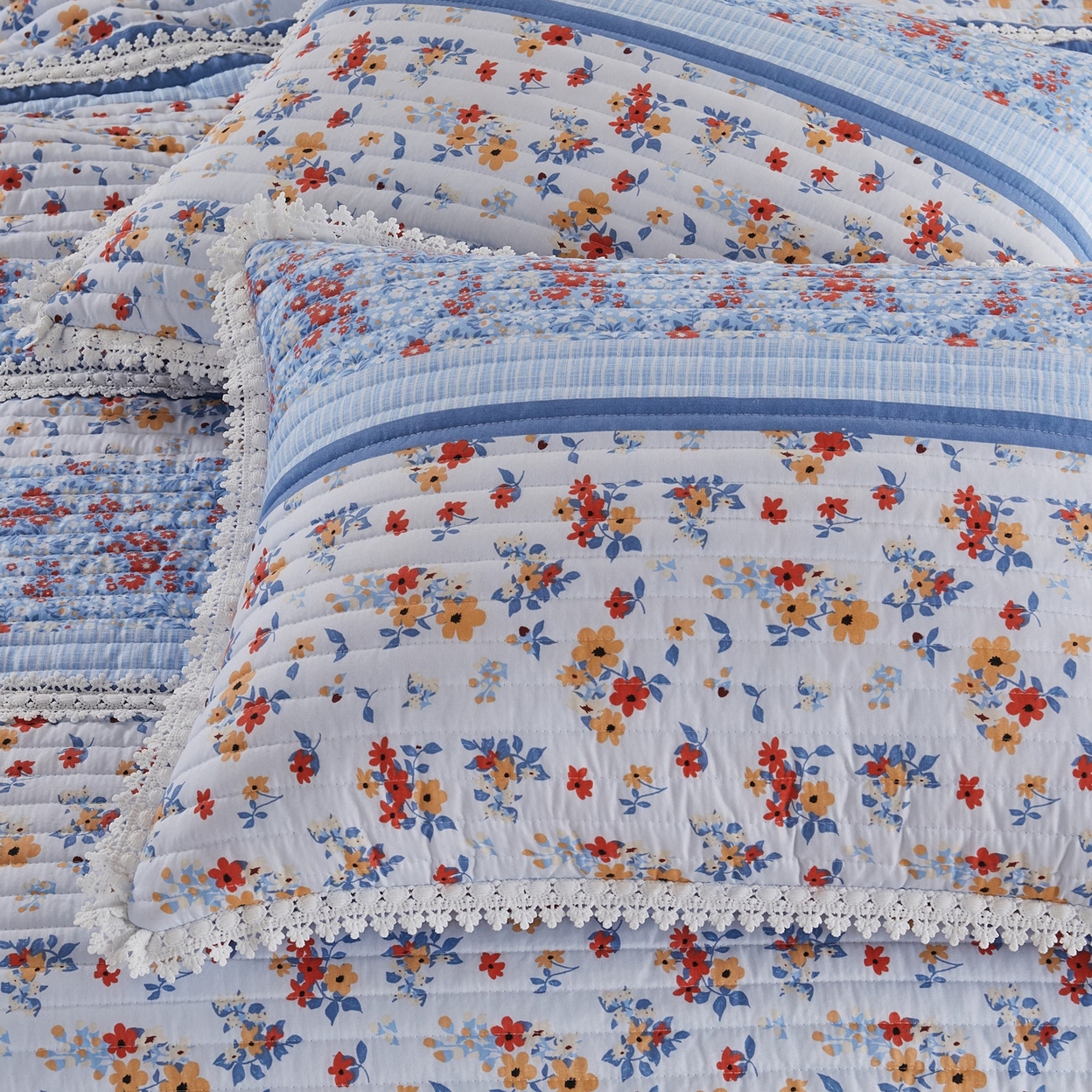Joa 2 Piece Microfiber Twin Quilt Set, Floral Print, Lace Trim, Multicolor- Saltoro Sherpi