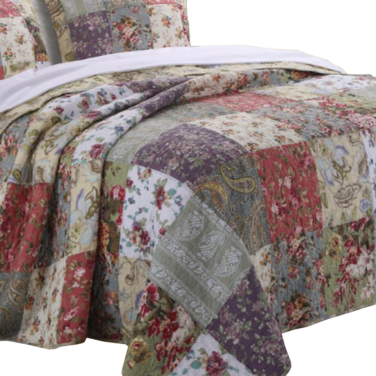 Chicago 3 Piece Fabric Queen Bedspread Set With Jacobean Prints, Multicolor- Saltoro Sherpi