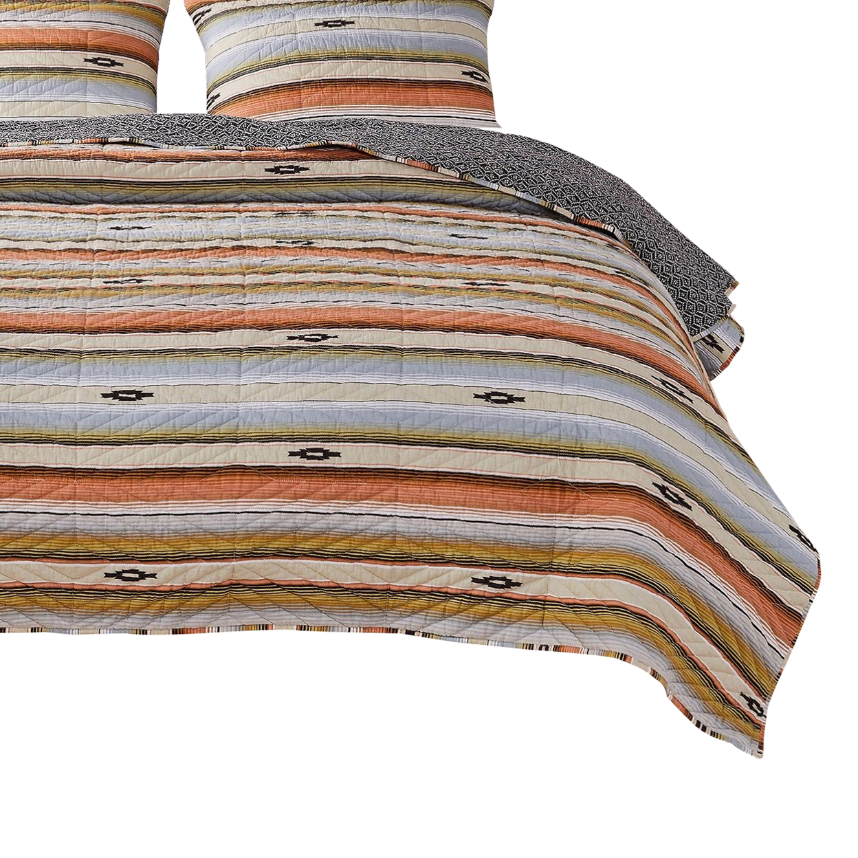 3 Piece Microfiber King Size Quilt Set With Chevron Print, Multicolor- Saltoro Sherpi