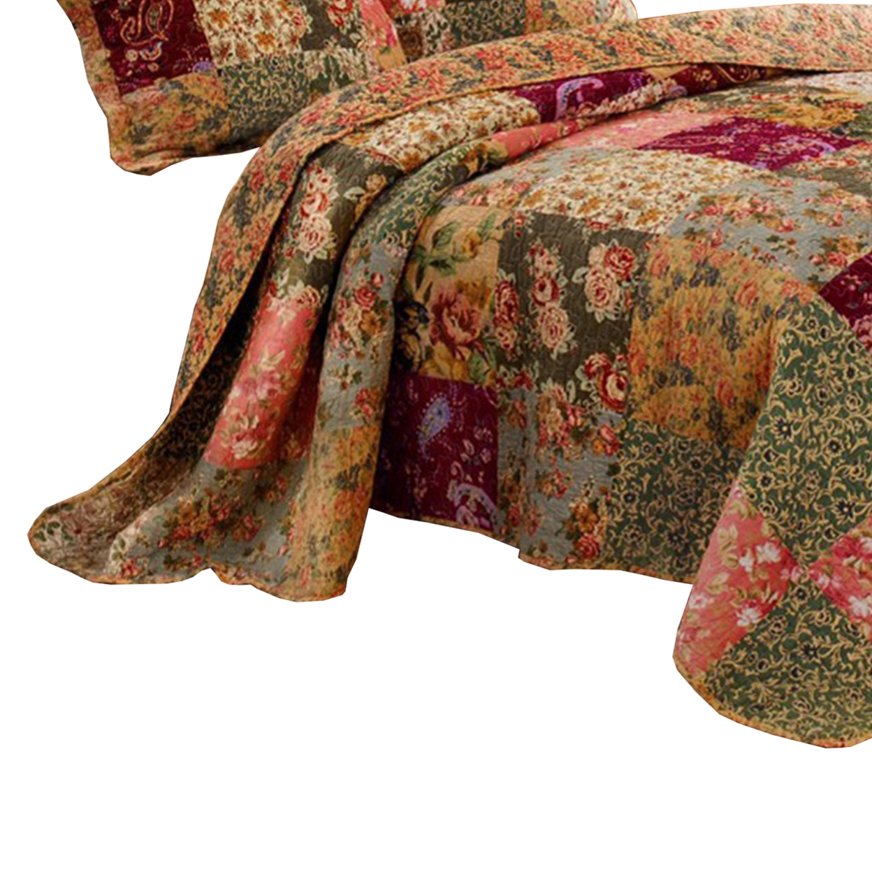 Kamet 3 Piece Fabric Queen Size Bedspread Set With Floral Prints,Multicolor- Saltoro Sherpi