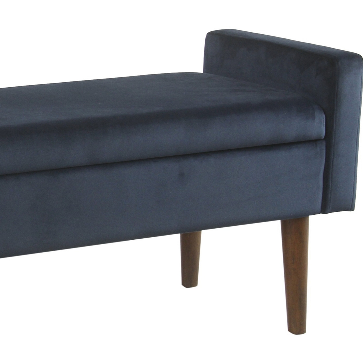 Velvet Upholstered Wooden Bench With Lift Top Storage And Tapered Feet, Navy Blue- Saltoro Sherpi