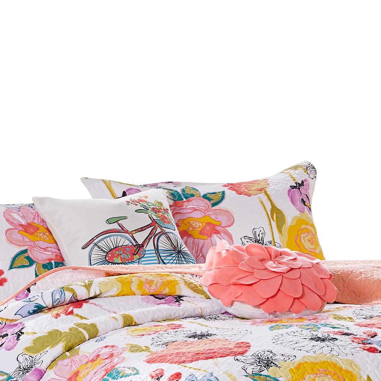 Mavi 4 Piece Reversible Twin Quilt Set, Spring Floral Print, Multicolor- Saltoro Sherpi