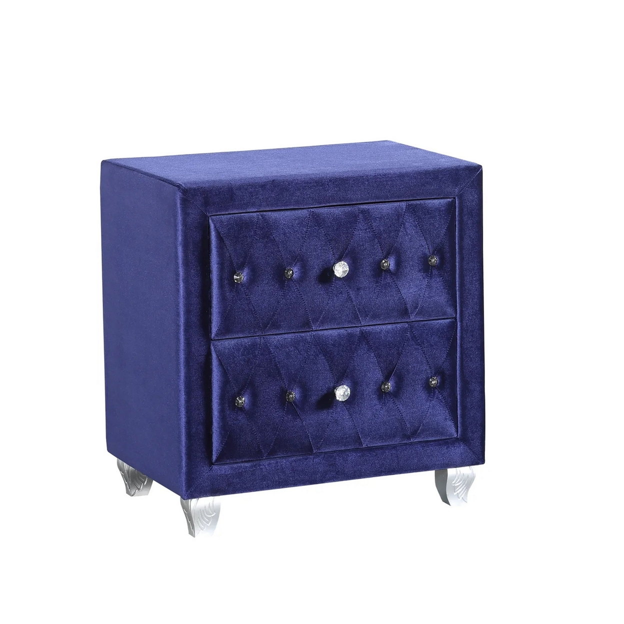 Gina 28 Inch Modern Nightstand, Upholstered, Crystal Accents, Navy Blue- Saltoro Sherpi