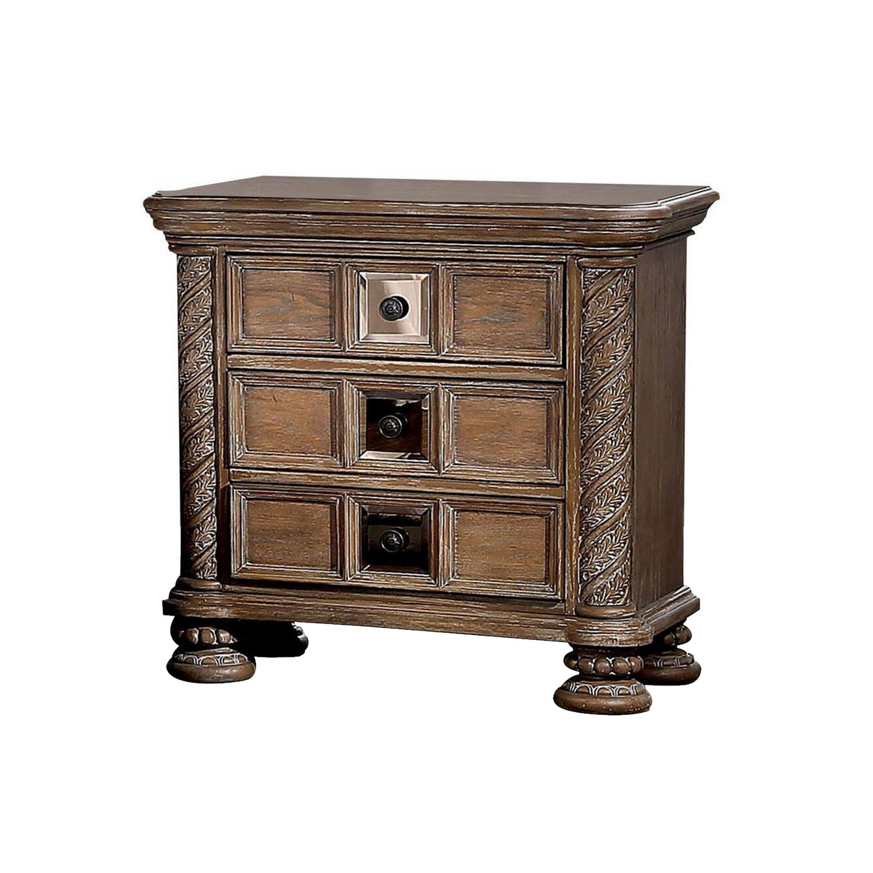 Isac 30 Inch Nightstand, 3 Gliding Drawers, Carved Faux Wood, Rustic Brown- Saltoro Sherpi