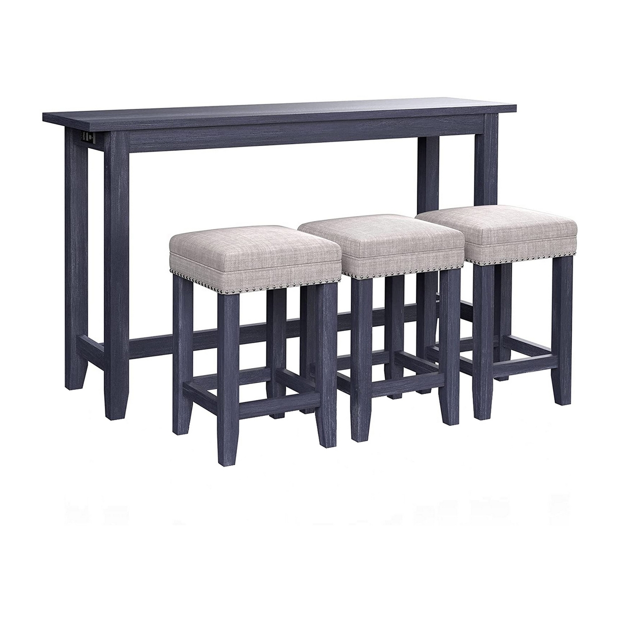 Eala 4 Piece Counter Height Table And Stool Set, Blue Wood, Gray Fabric- Saltoro Sherpi