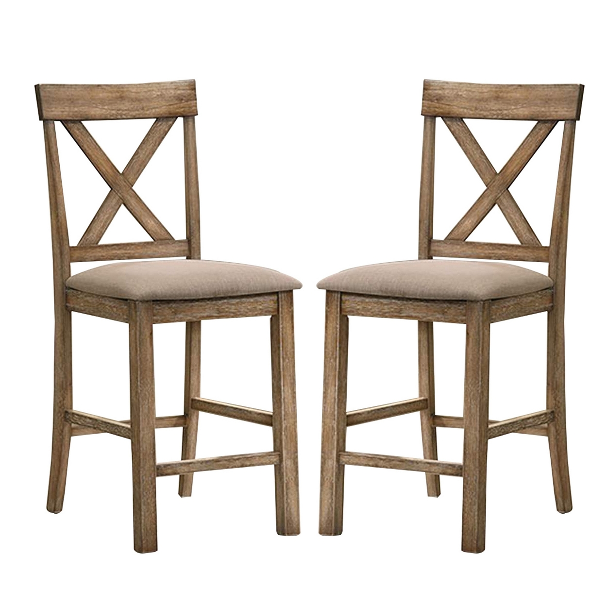 Sera 26 Inch Counter Height Chair, Set Of 2, Brown Wood, Fabric Padded Seat- Saltoro Sherpi
