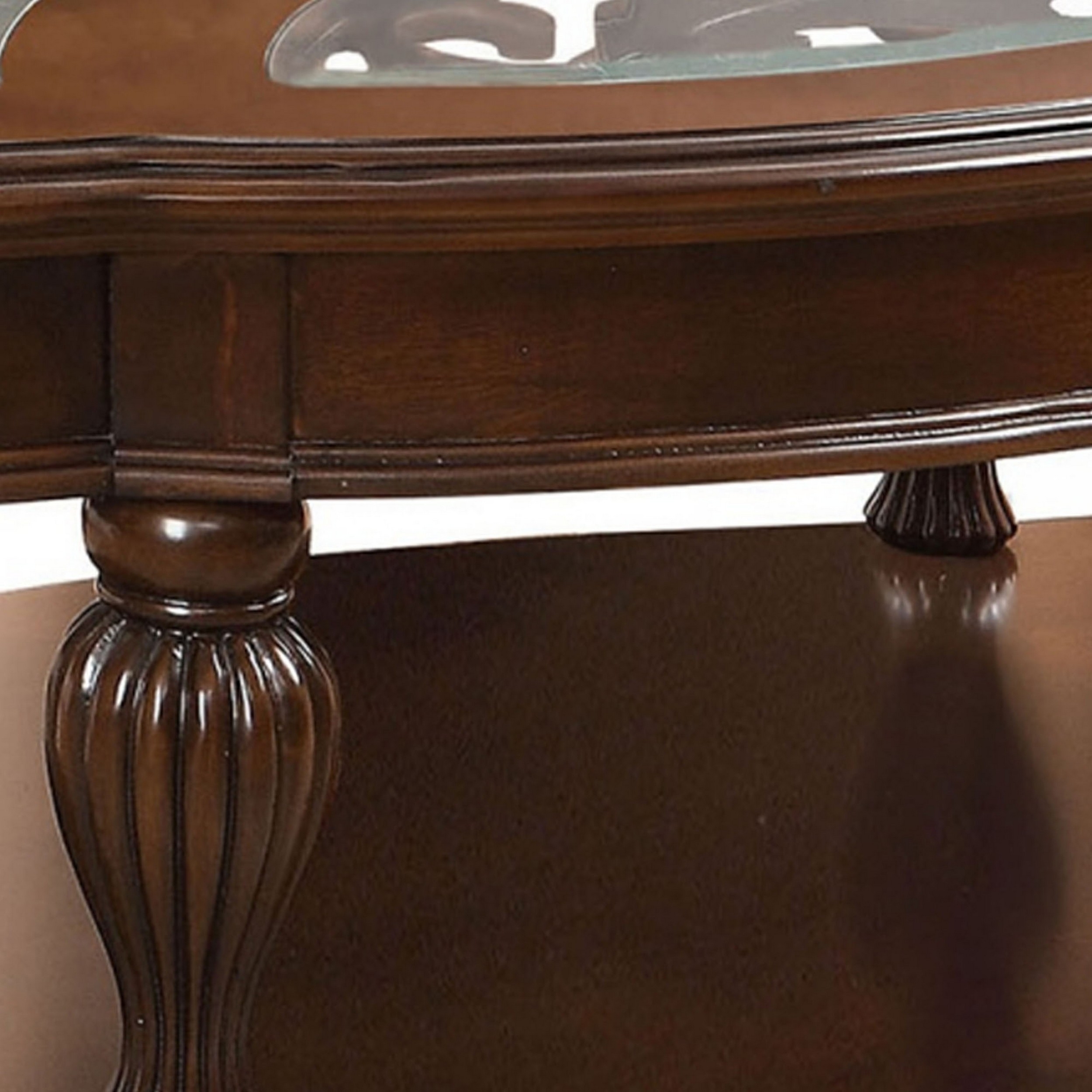 54 Inch Classic Coffee Table, Glass Insert Top, Reeded Legs, Bottom Shelf- Saltoro Sherpi