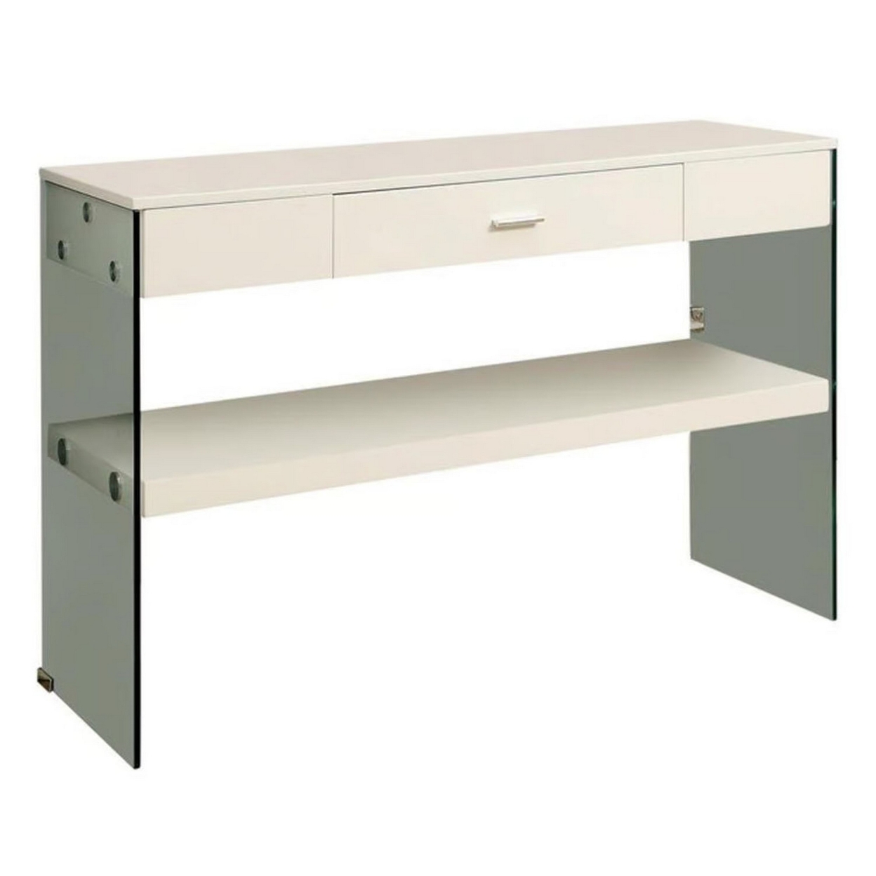 Stub 47 Inch Sofa Console Table, Glossy White Wood, Glass Panels, 1 Drawer- Saltoro Sherpi