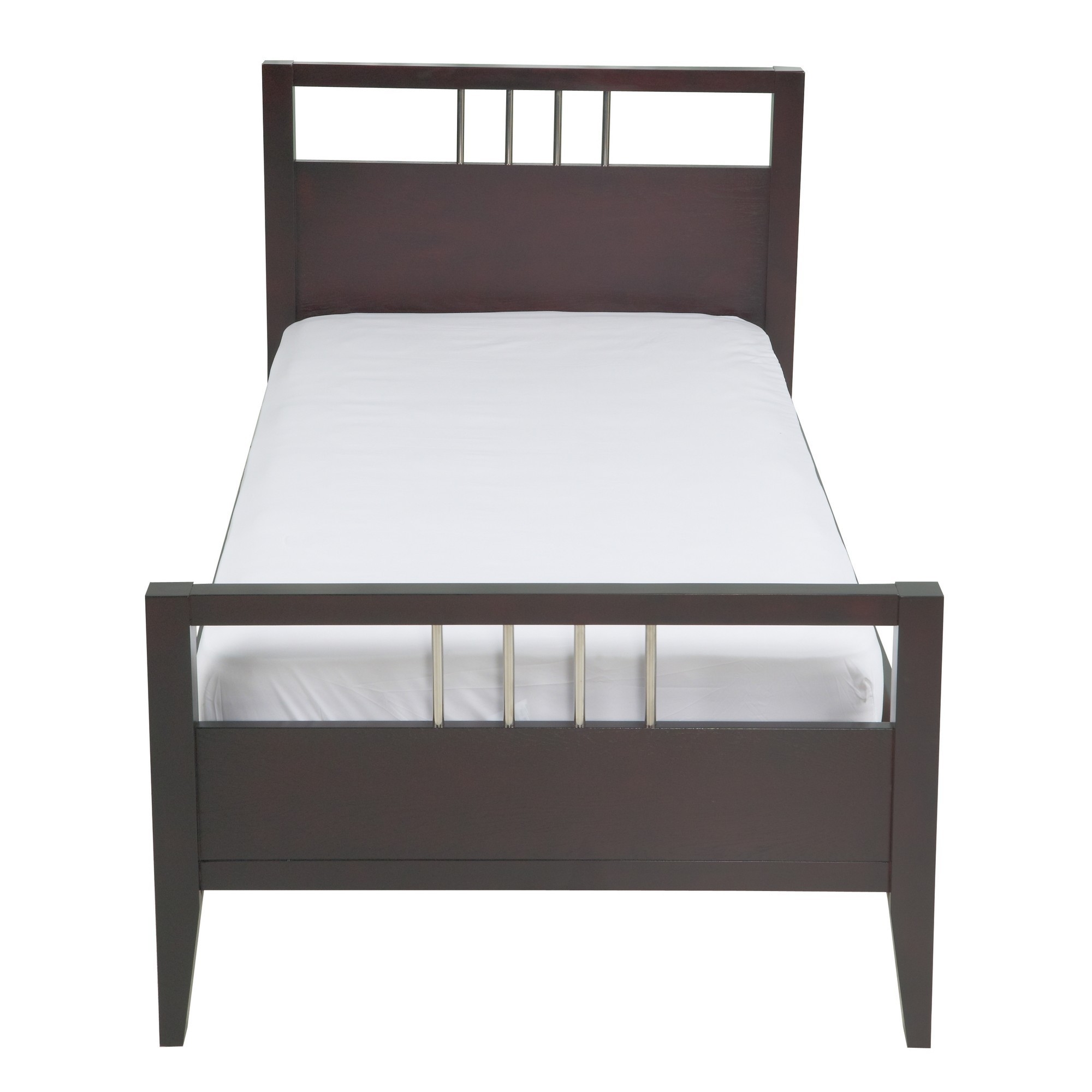 Fang Modern Twin Size Bed, Sleigh Headboard, Metal Bars, Espresso Brown - Saltoro Sherpi