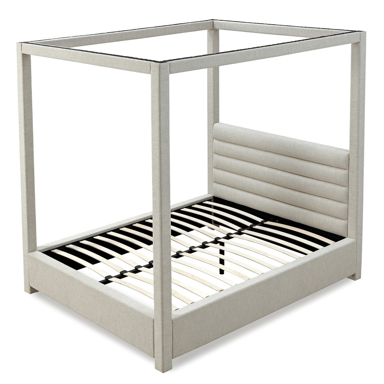 Riu Queen Size Canopy Bed, Panel Headboard, Tufted Gray Linen Upholstery- Saltoro Sherpi