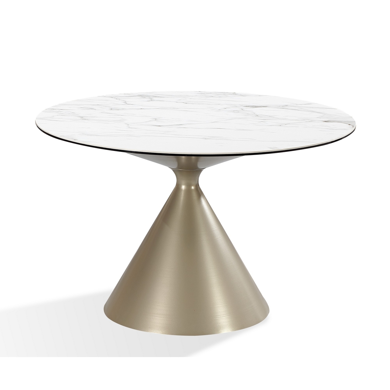 Lam 47 Inch Round Dining Table, Sintered Stone Top, Steel Base, Champagne - Saltoro Sherpi