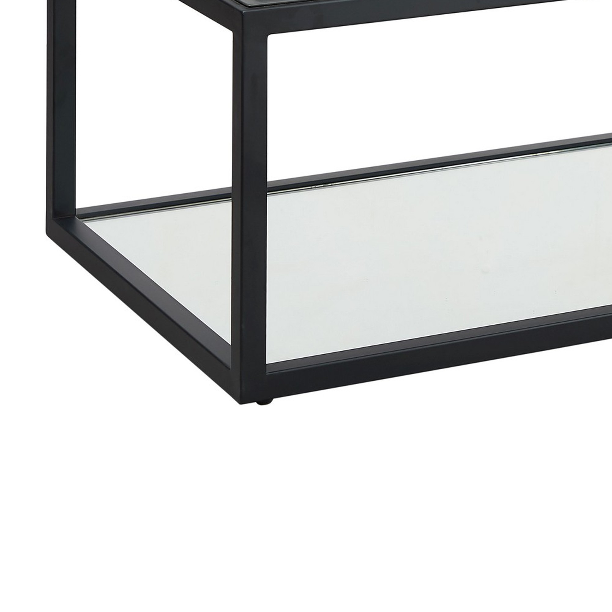Hayes 48 Inch Coffee Table, Glass Tabletop, Metal Frame, Mirrored Shelf- Saltoro Sherpi