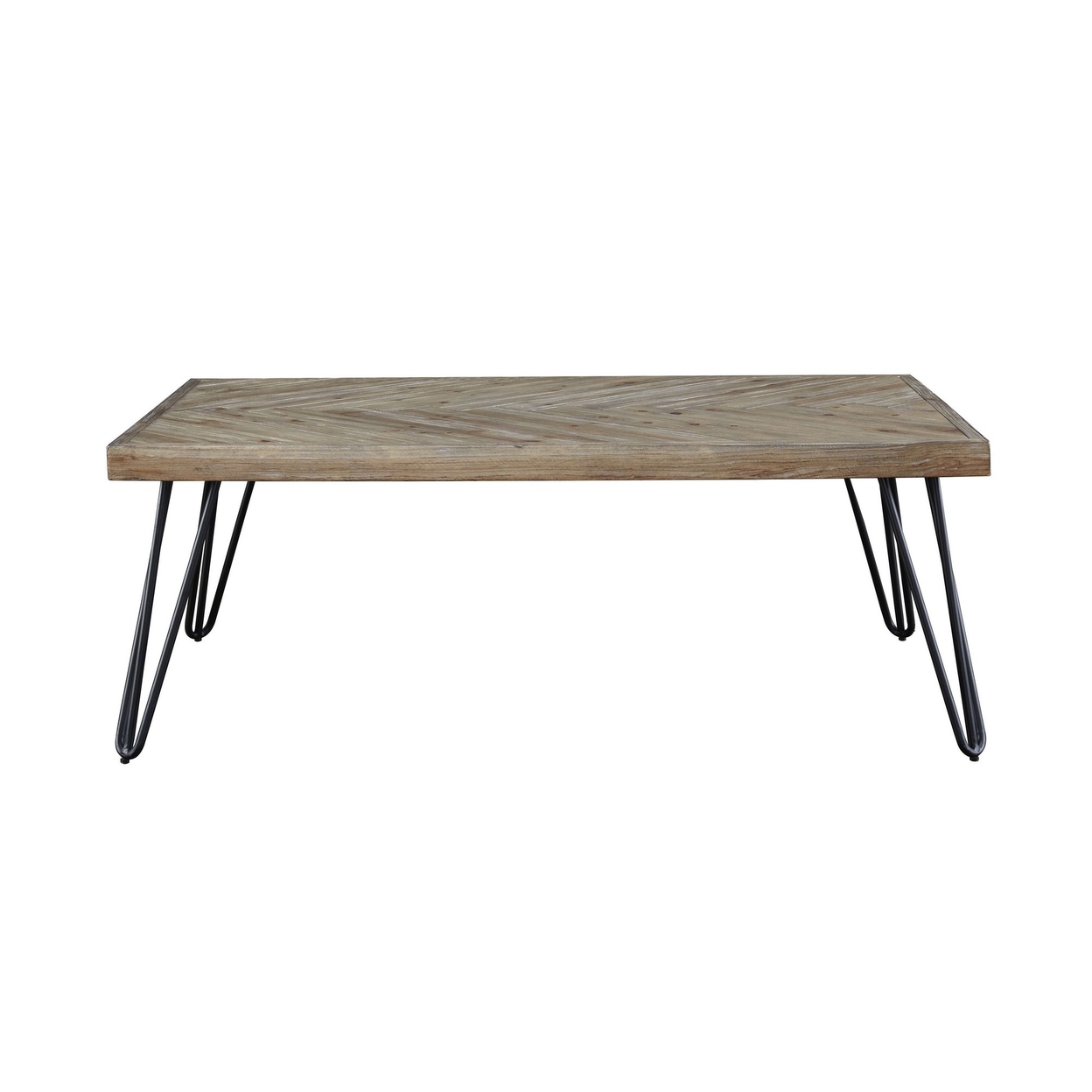 Anne 48 Inch Coffee Table, Herringbone Wood Surface, Black Hairpin Legs- Saltoro Sherpi