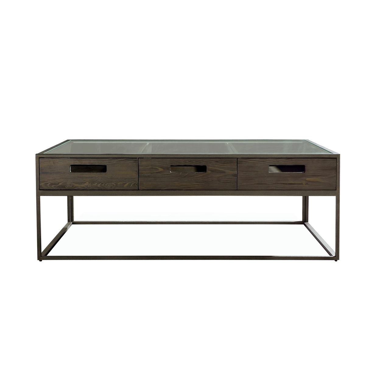 Nia 50 Inch Coffee Table, Smooth Glass Surface, 3 Exposed Drawers, Brown- Saltoro Sherpi