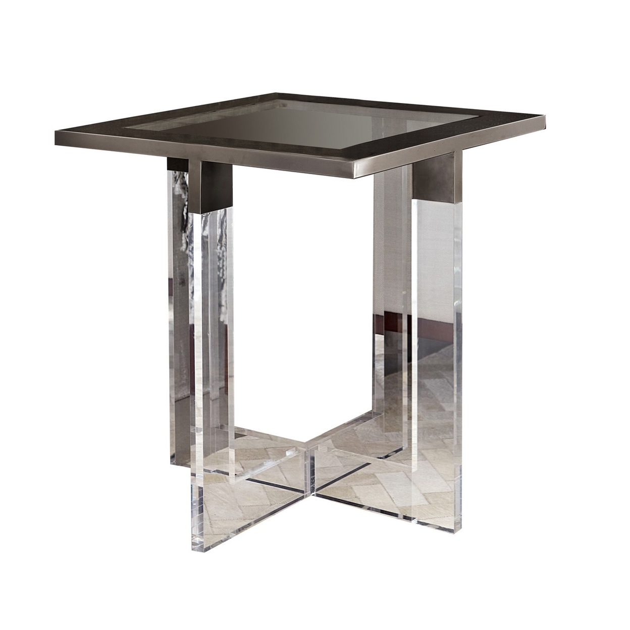 Greig 22 Inch Square End Table, Geometric Base, Clear Acrylic, Glass Top- Saltoro Sherpi