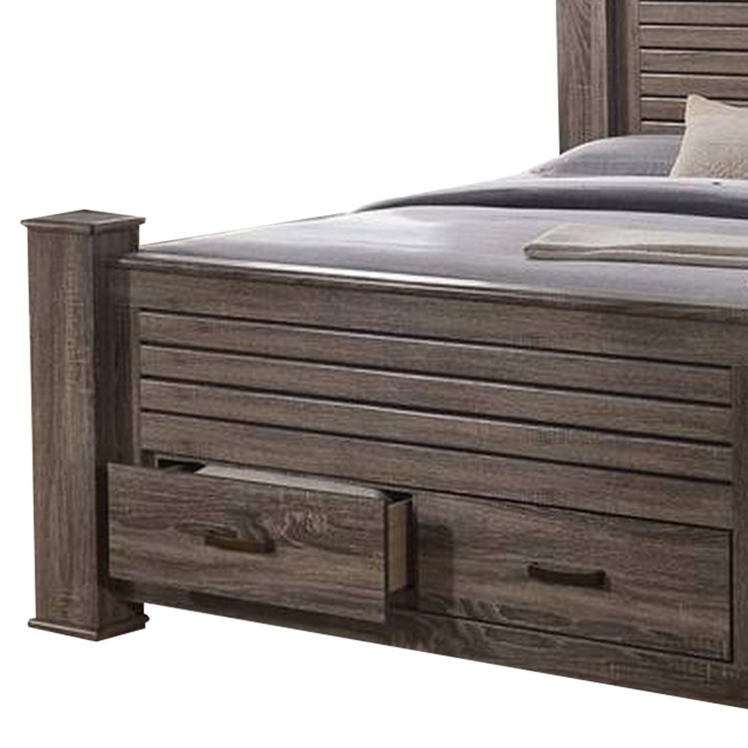 Soma Queen Sized Bed With 2 Gliding Drawers, Metal Bar Handles, Oak Gray- Saltoro Sherpi