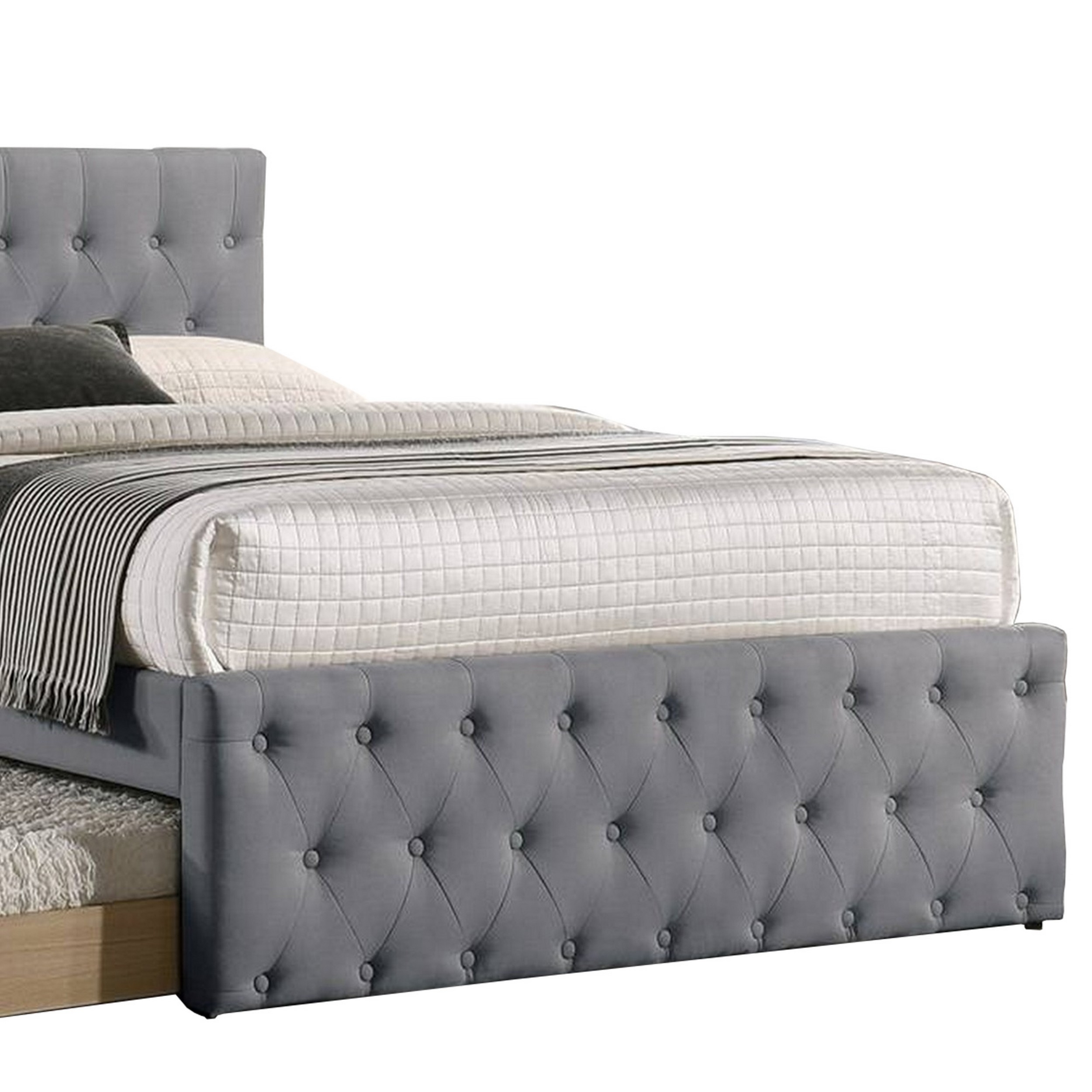 Nek Full Size Upholstered Bed With Twin Trundle, Button Tufted Gray Burlap - Saltoro Sherpi