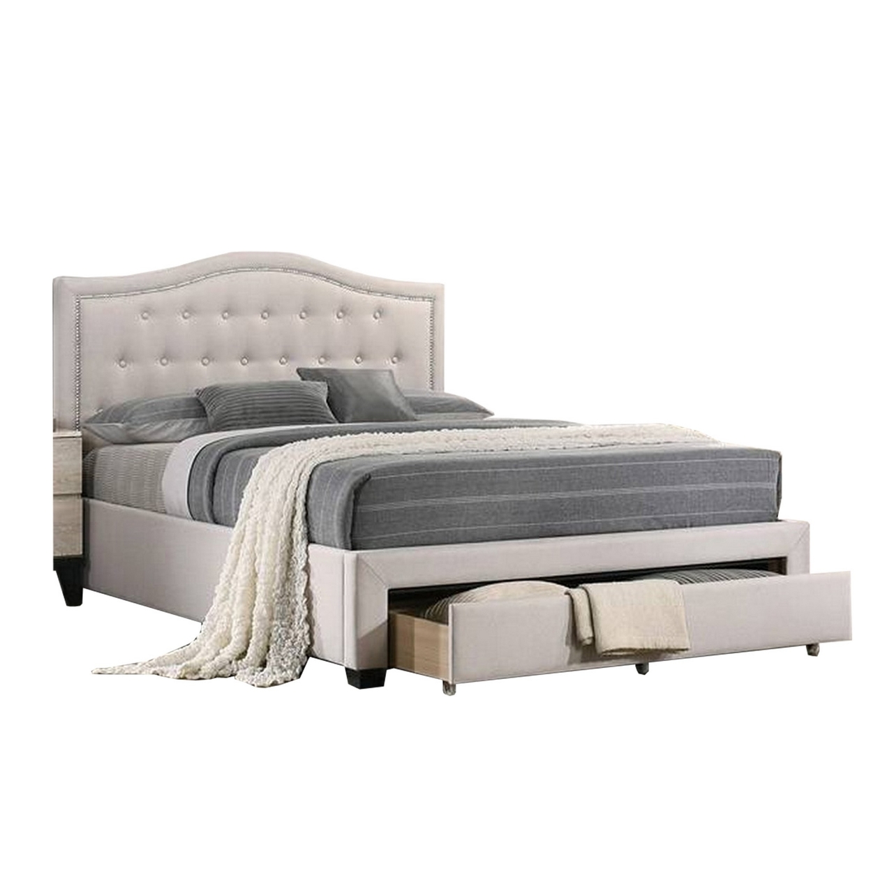 Buk Upholstered Tufted Twin Bed With Storage, Nailhead Trim, Ivory Burlap - Saltoro Sherpi
